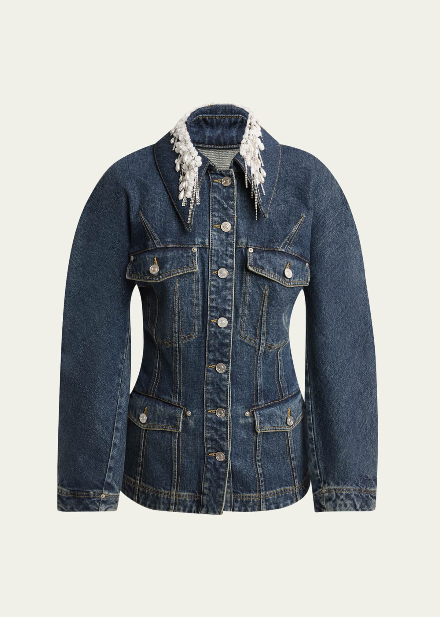Givenchy Pearly Crystal Collar Denim Jacket Image 1 of 5