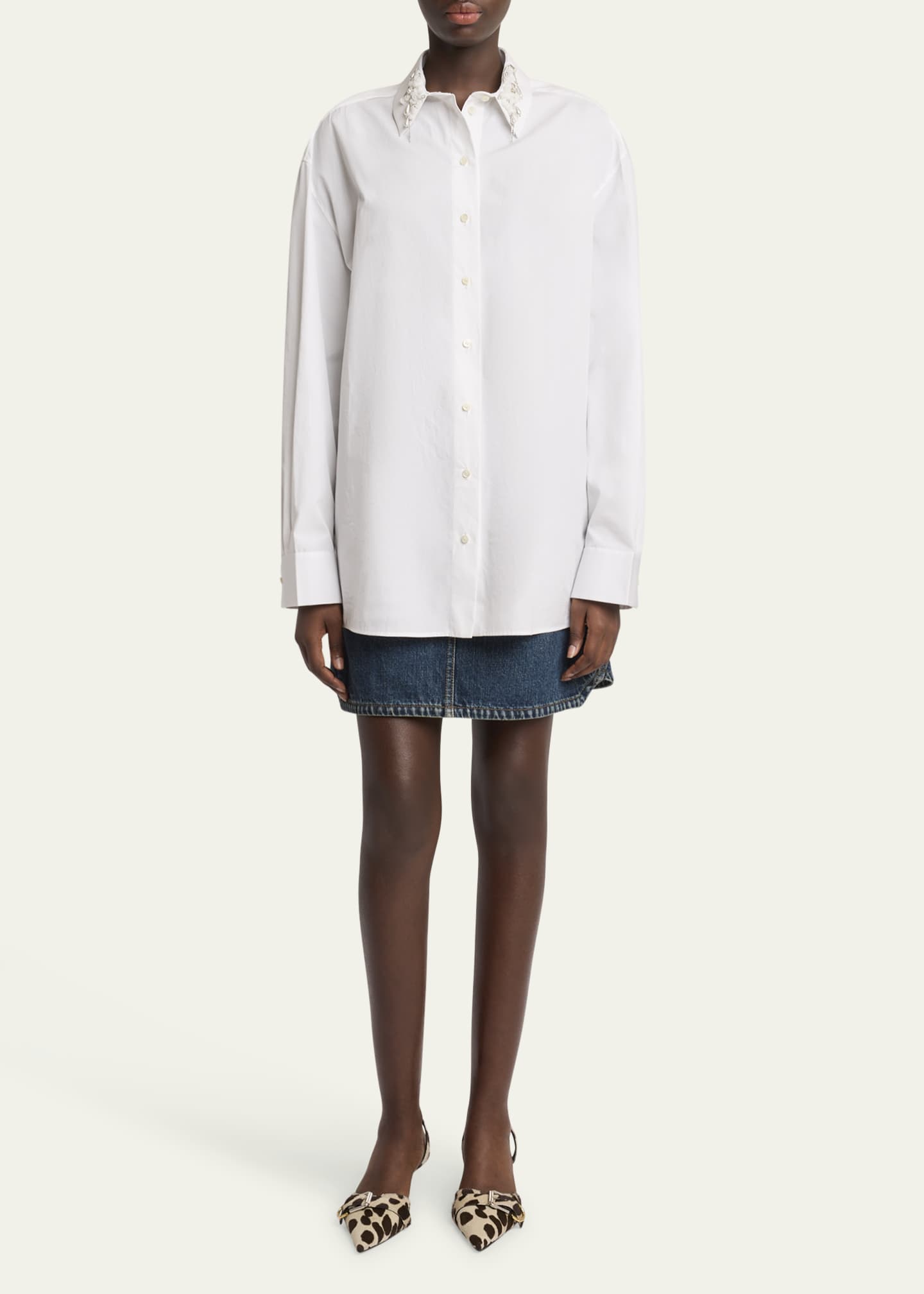 Givenchy Beaded Pearly Collar Button Down Cotton Blouse Image 2 of 5