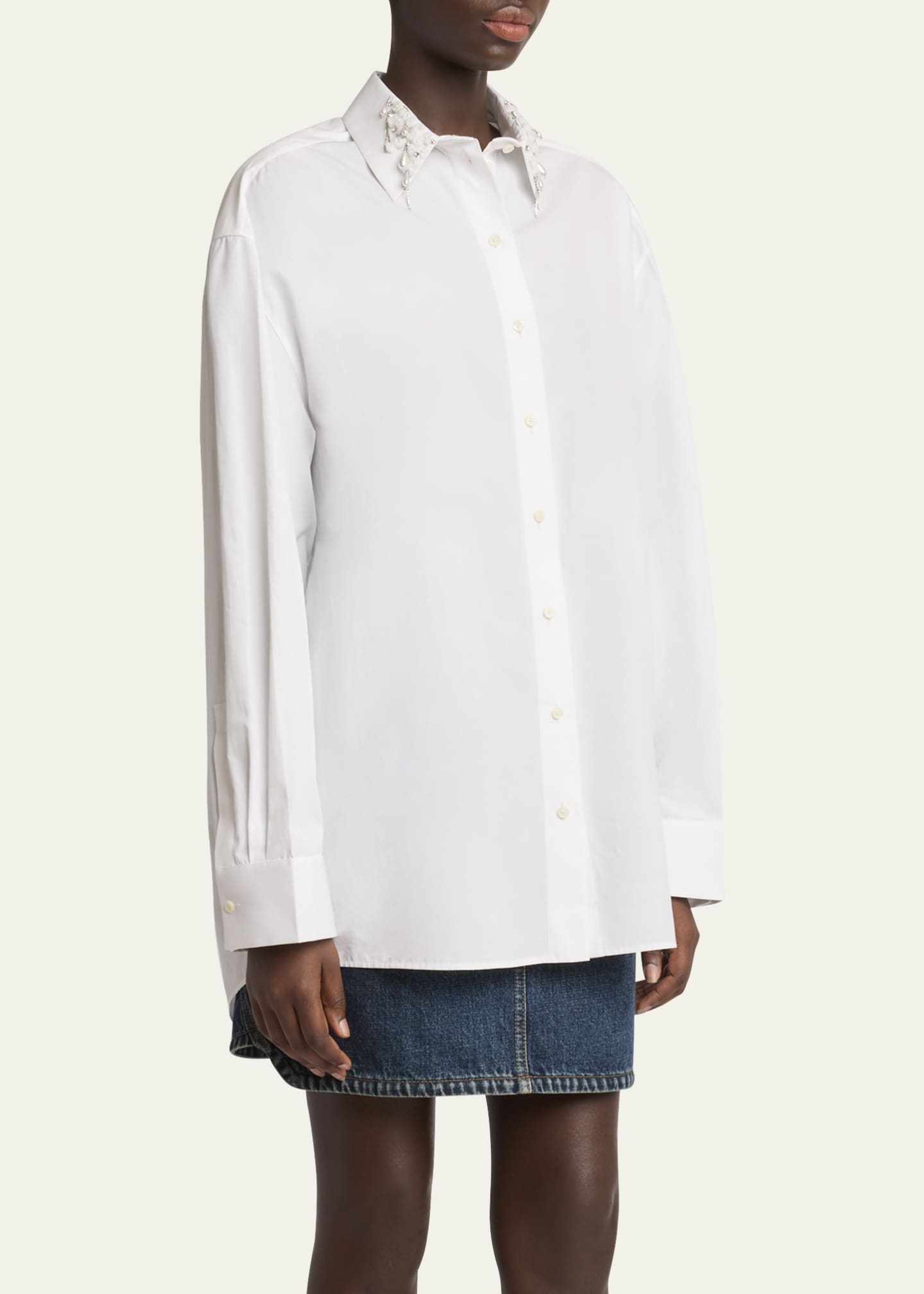 Givenchy Beaded Pearly Collar Button Down Cotton Blouse Image 4 of 5