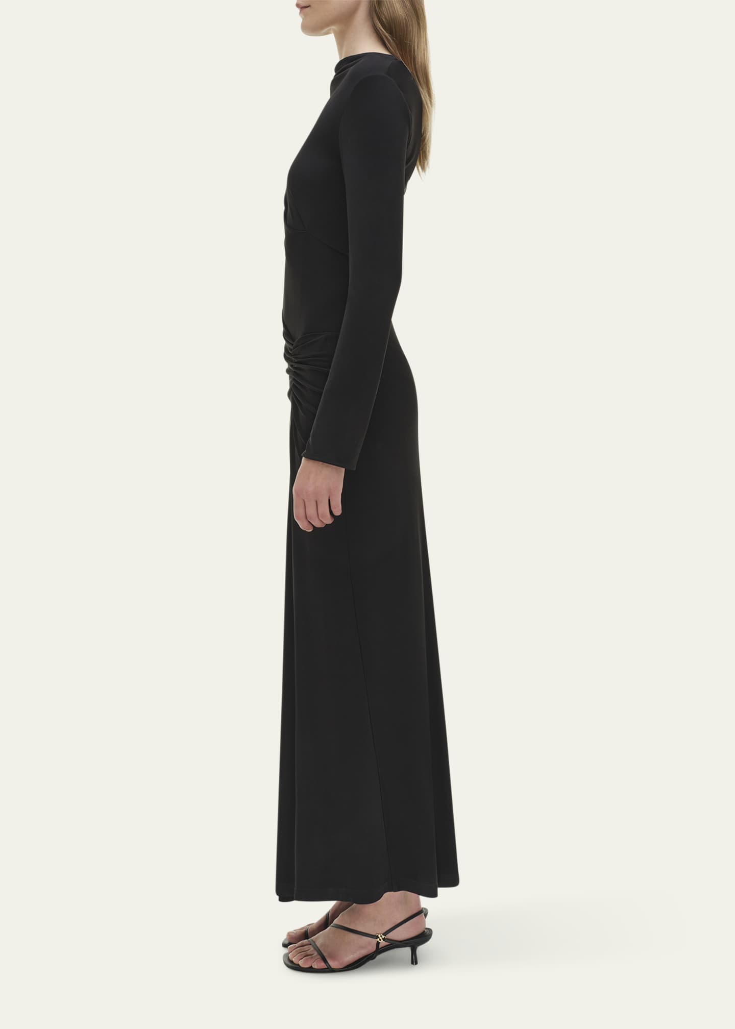 Simkhai Ferrera Ruched Long-Sleeve Midi Dress, Black, Women's, 00, Cocktail & Party Wedding Guest Dresses Long-Sleeve Dresses