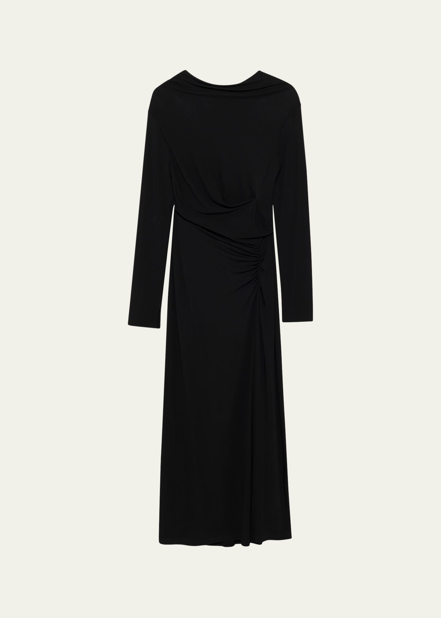 blue satin long sleeve dress Blue Long Sleeve Satin Structured Bow Draped Column Gown