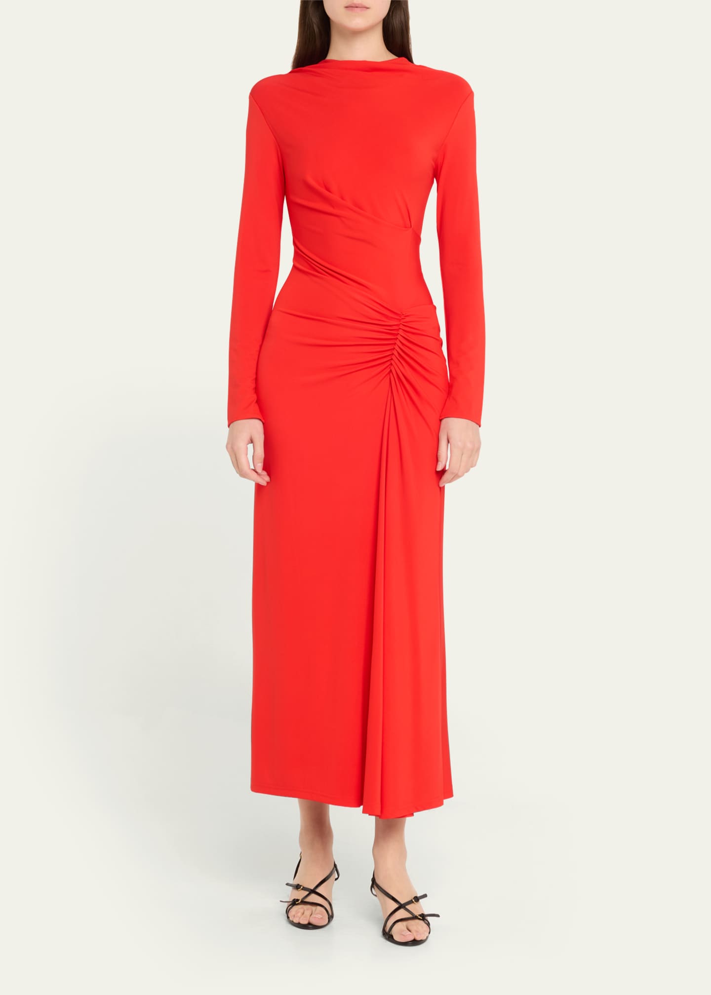 SIMKHAI Ferrera Ruched Long-Sleeve Midi Dress Image 2 of 5