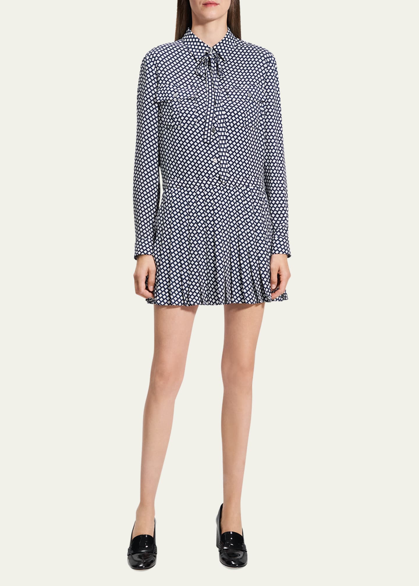 Theory Diamond Printed Pleated Neck-Tie Mini Dress Image 2 of 4