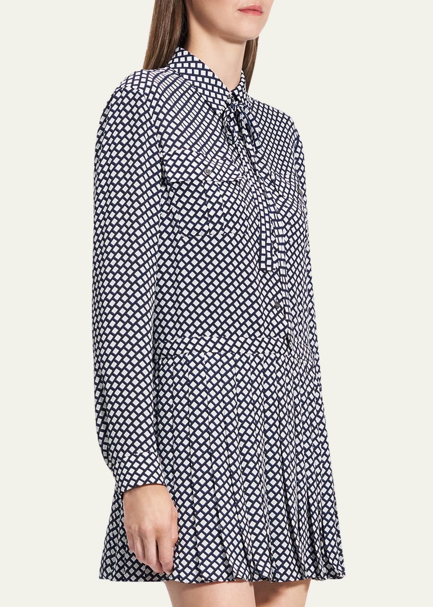 Theory Diamond Printed Pleated Neck-Tie Mini Dress Image 4 of 4
