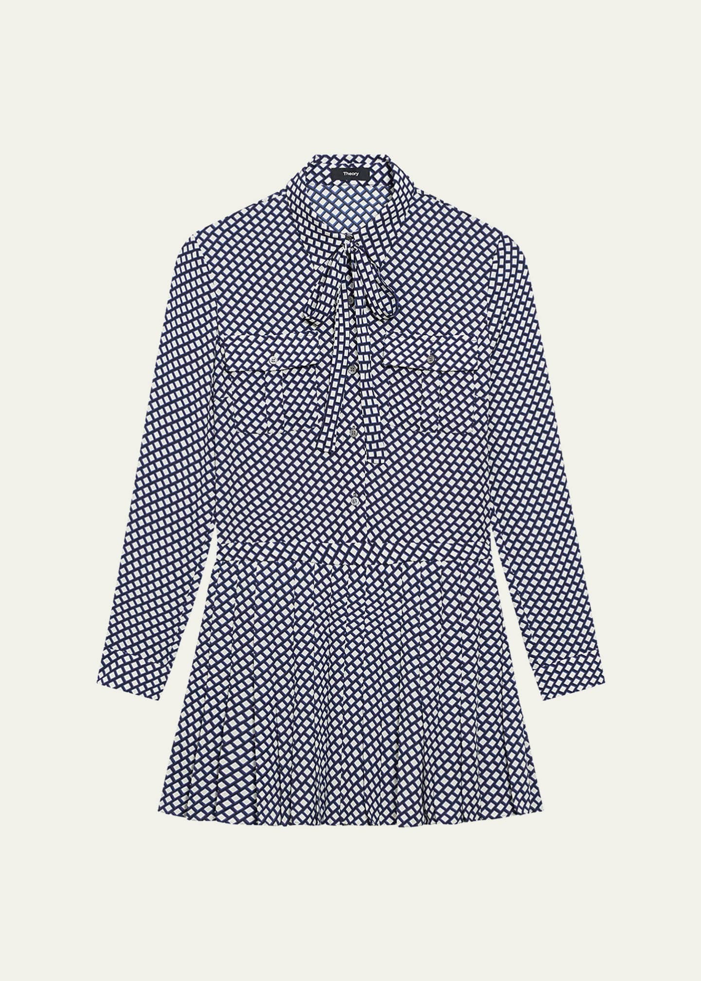 Theory Diamond Printed Pleated Neck-Tie Mini Dress Image 1 of 4