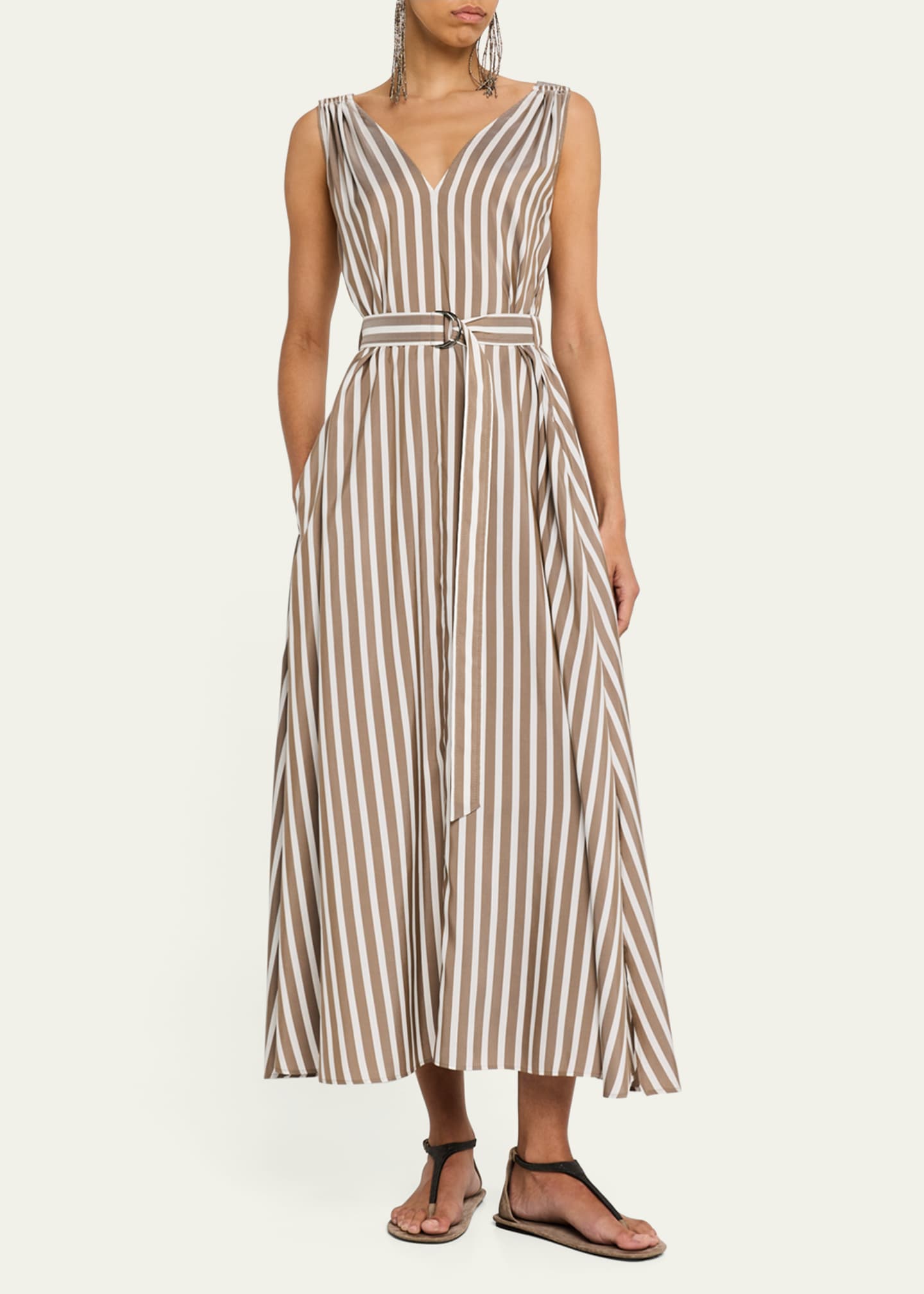 Brunello Cucinelli Striped Sleeveless Monili-Shoulder Belted Midi Dress Image 2 of 5
