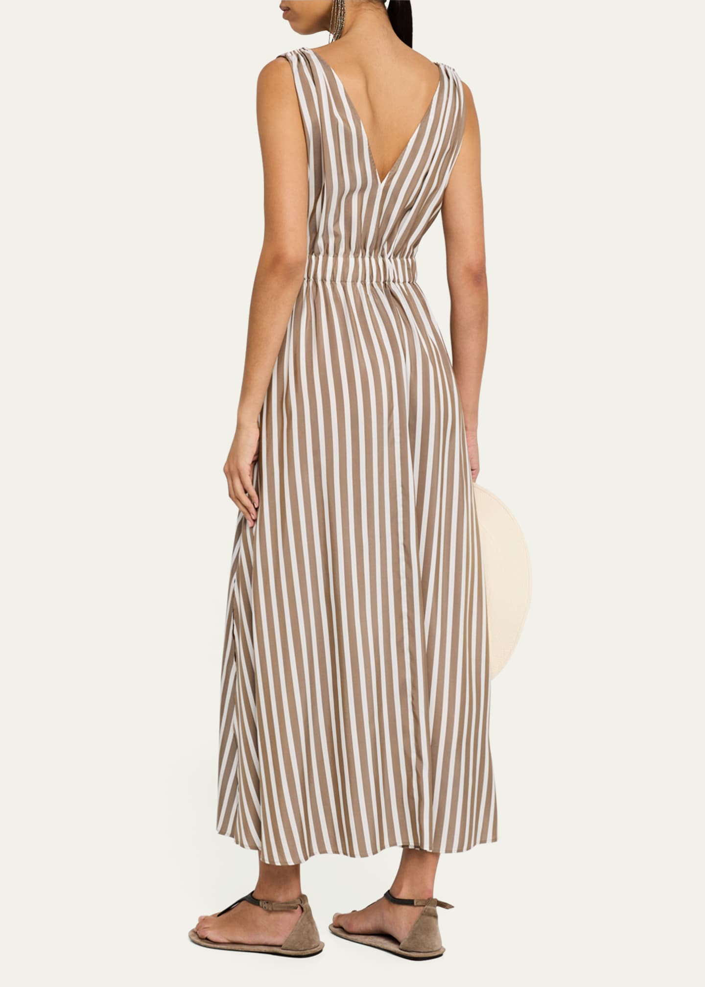 Brunello Cucinelli Striped Sleeveless Monili-Shoulder Belted Midi Dress Image 3 of 5