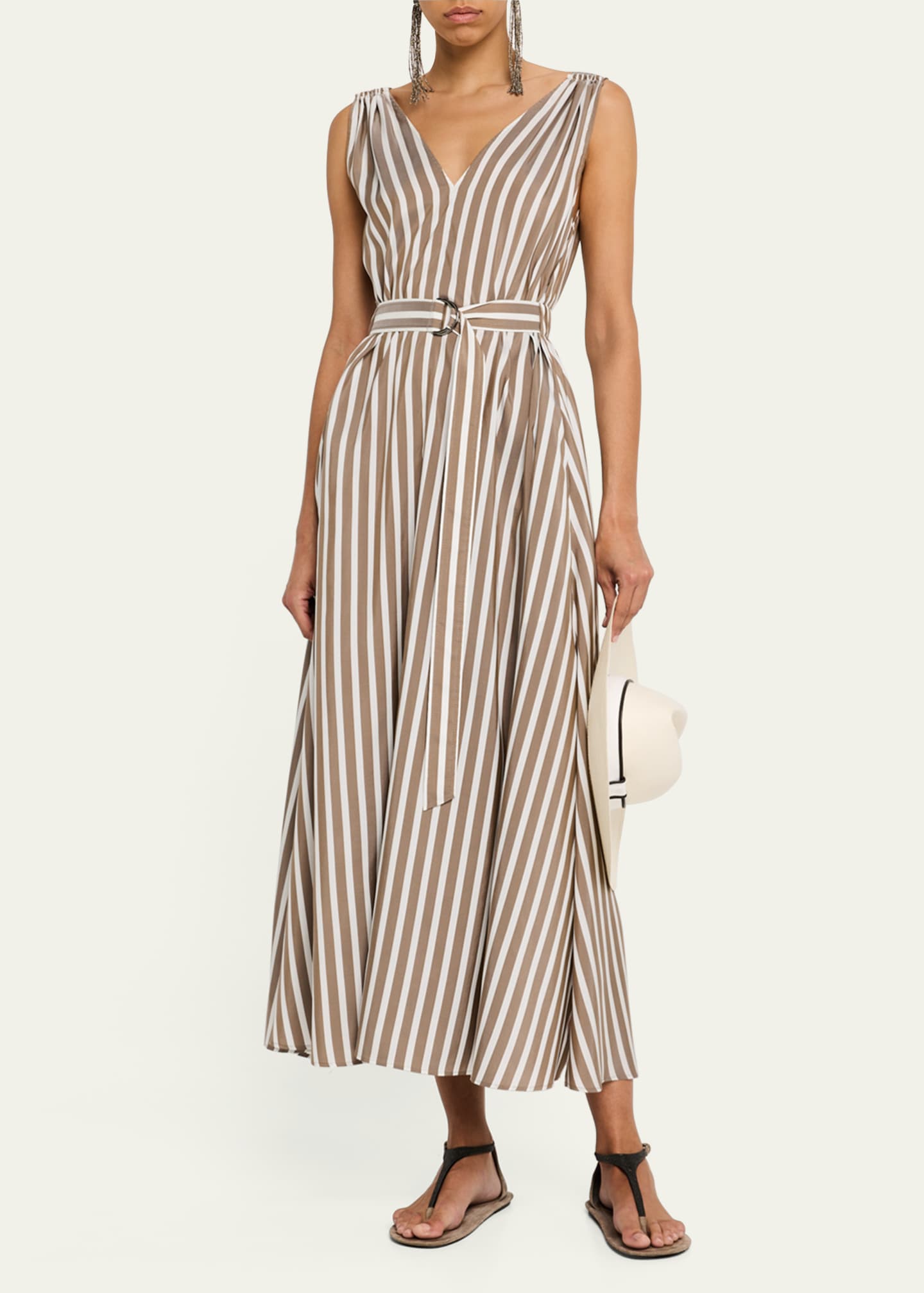 Brunello Cucinelli Striped Sleeveless Monili-Shoulder Belted Midi Dress Image 4 of 5