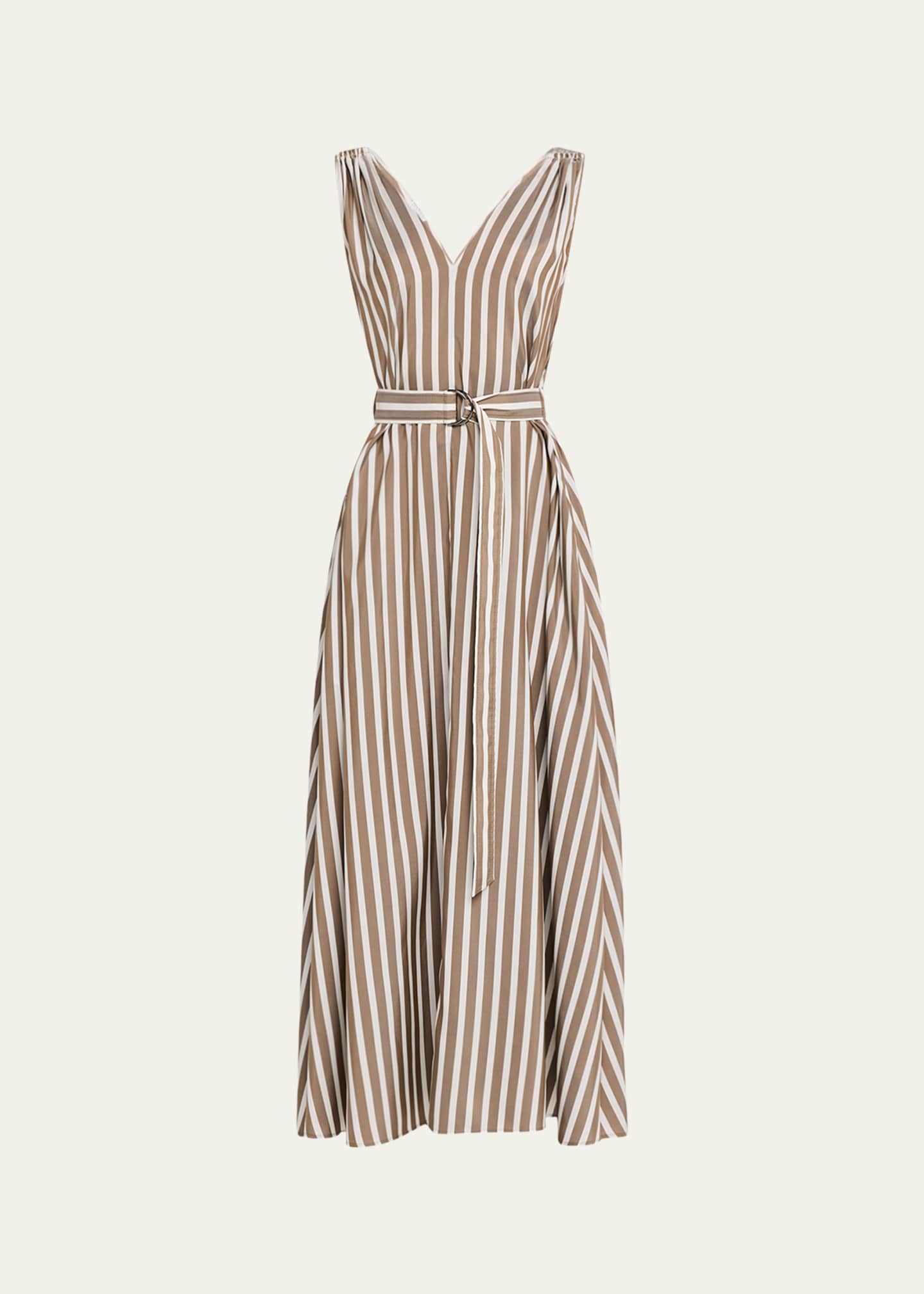 Brunello Cucinelli Striped Sleeveless Monili-Shoulder Belted Midi Dress Image 1 of 5
