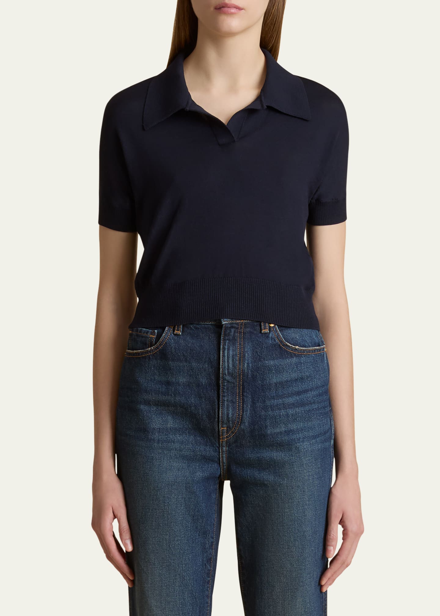Khaite Morgane Short-Sleeve Crop Polo Top Image 4 of 5