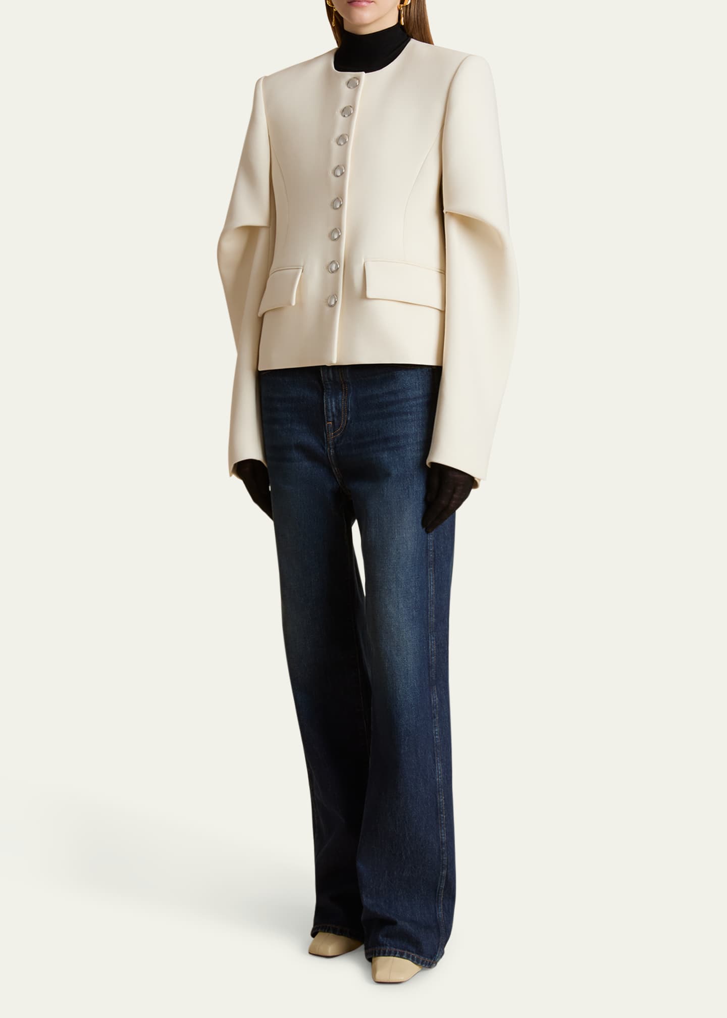 Khaite Darlman Sleeve-Pleat Single-Breasted Collarless Jacket Image 2 of 5