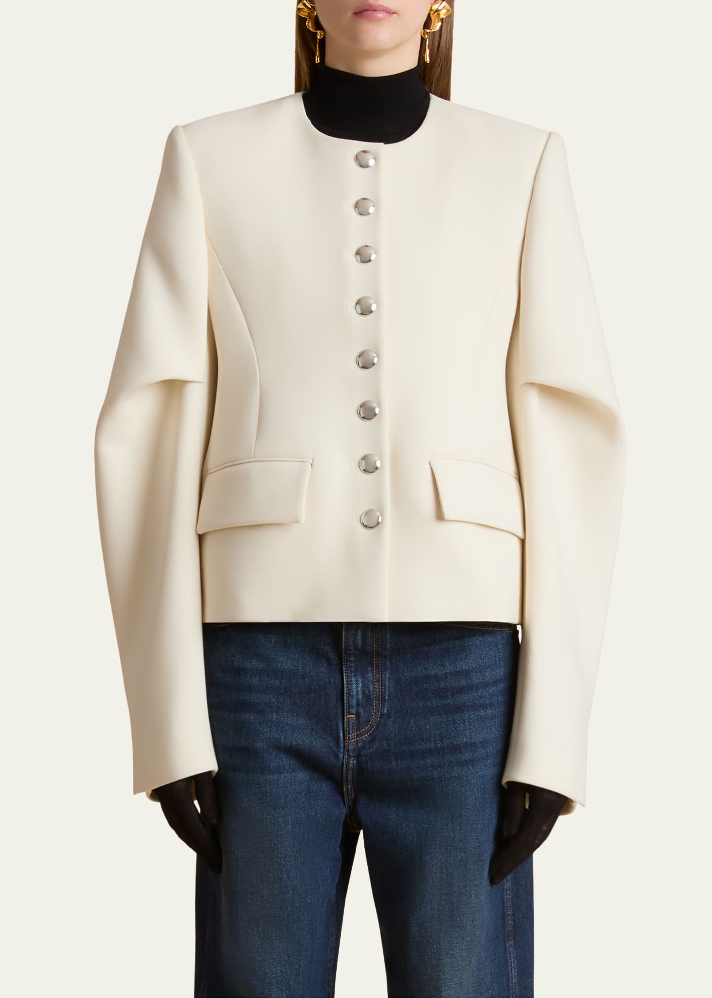 Khaite Darlman Sleeve-Pleat Single-Breasted Collarless Jacket Image 4 of 5