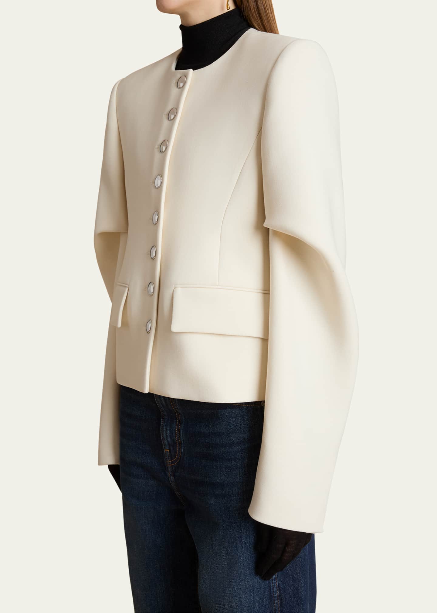 Khaite Darlman Sleeve-Pleat Single-Breasted Collarless Jacket Image 5 of 5