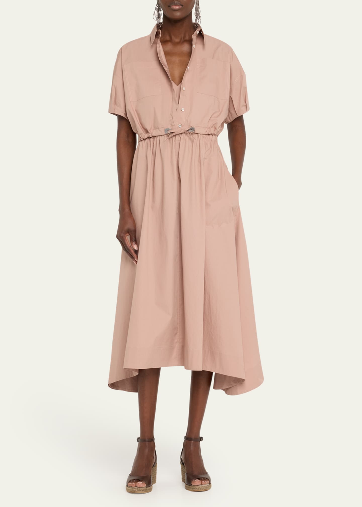 Brunello Cucinelli Fit-Flare Drawcord Poplin Asymmetric Midi Shirtdress Image 2 of 5