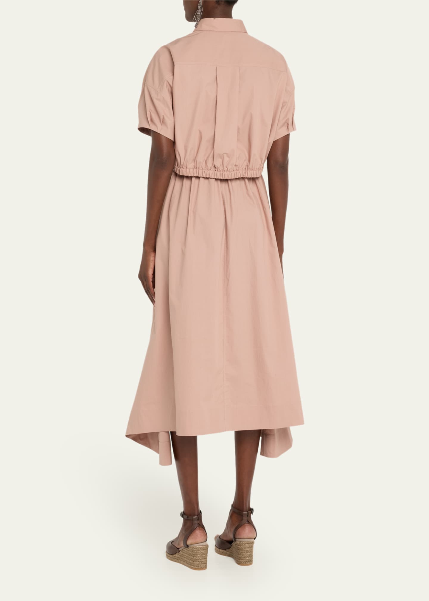 Brunello Cucinelli Fit-Flare Drawcord Poplin Asymmetric Midi Shirtdress Image 3 of 5