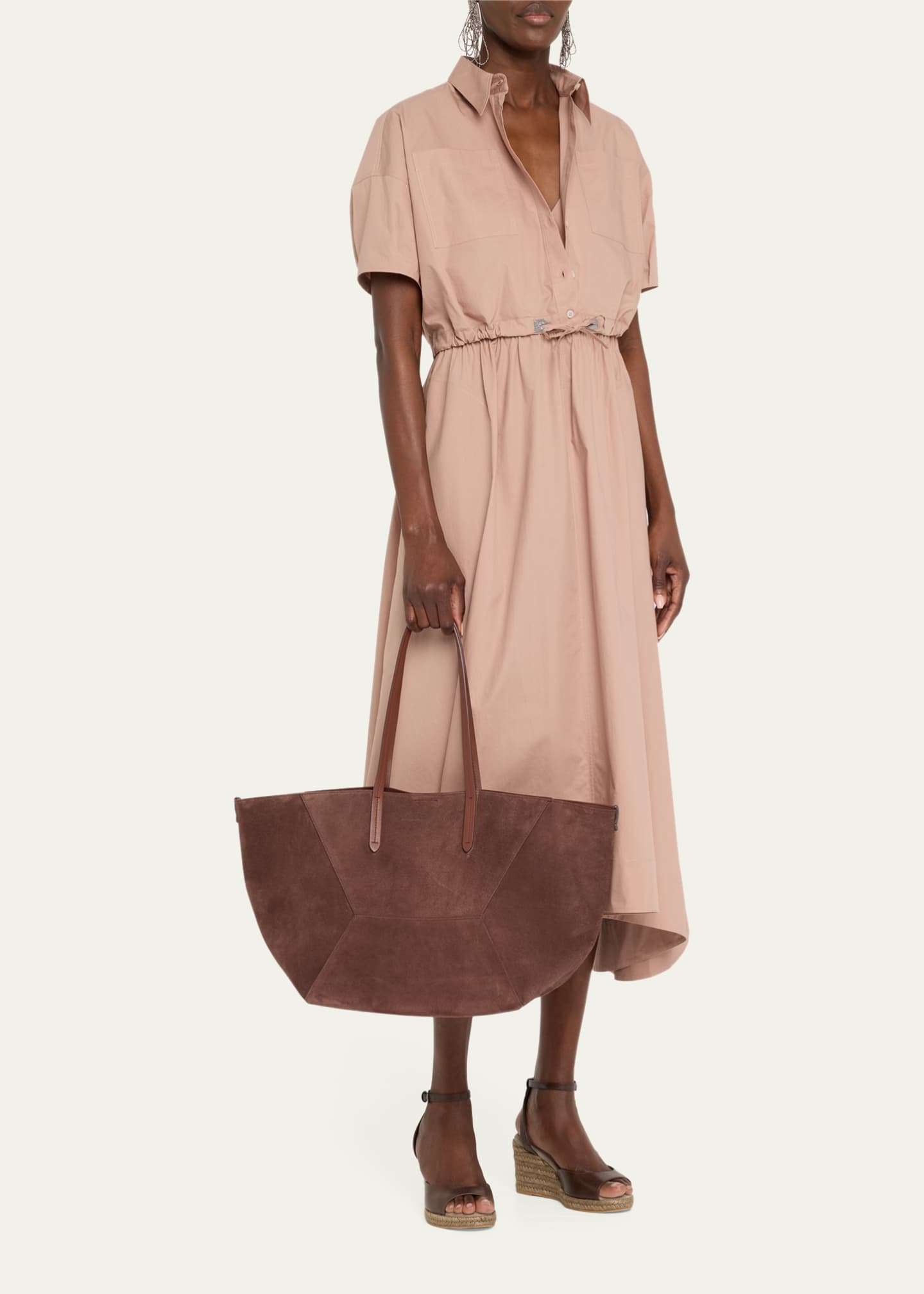 Brunello Cucinelli Fit-Flare Drawcord Poplin Asymmetric Midi Shirtdress Image 4 of 5