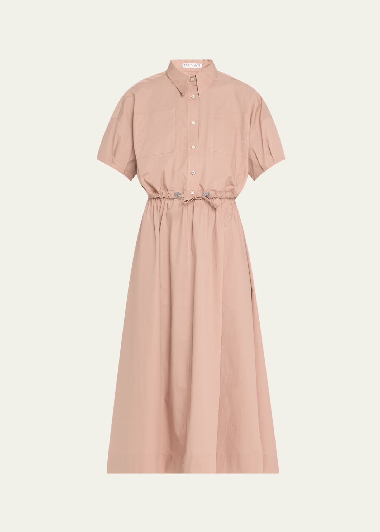 Brunello Cucinelli Fit-Flare Drawcord Poplin Asymmetric Midi Shirtdress Image 1 of 5