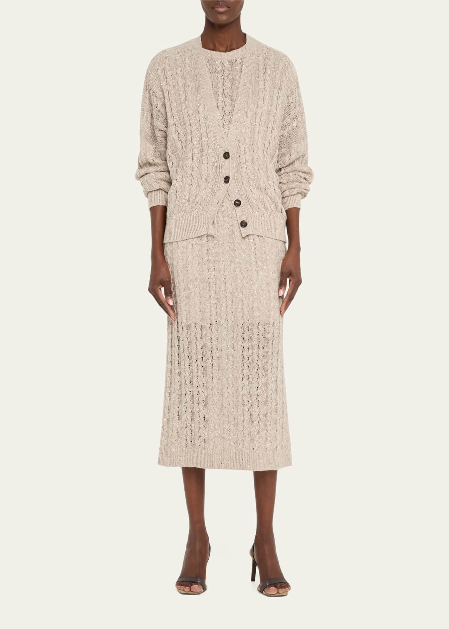 Brunello Cucinelli Linen Paillettes Cable-Knit Cardigan Image 2 of 5
