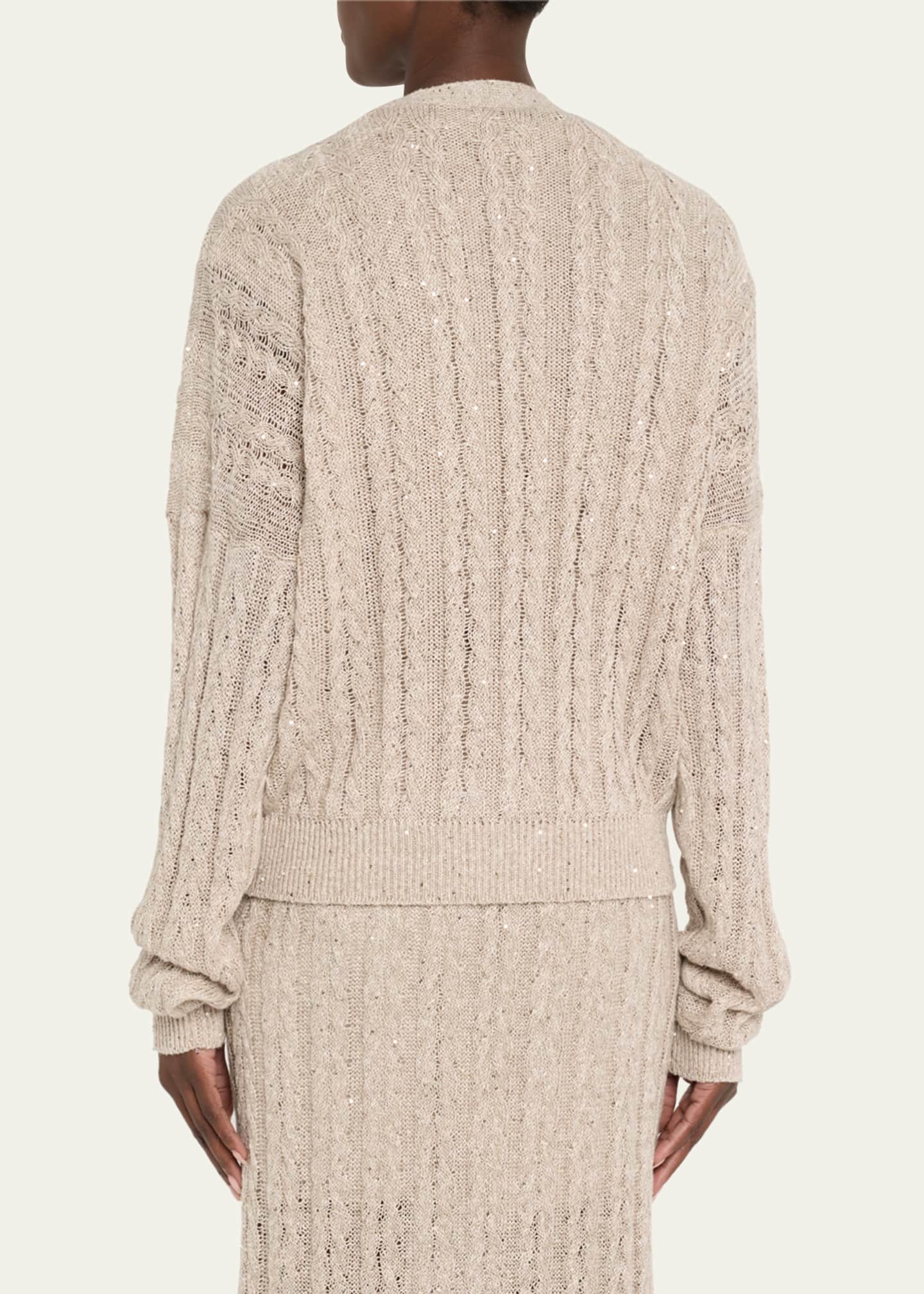 Brunello Cucinelli Linen Paillettes Cable-Knit Cardigan Image 3 of 5