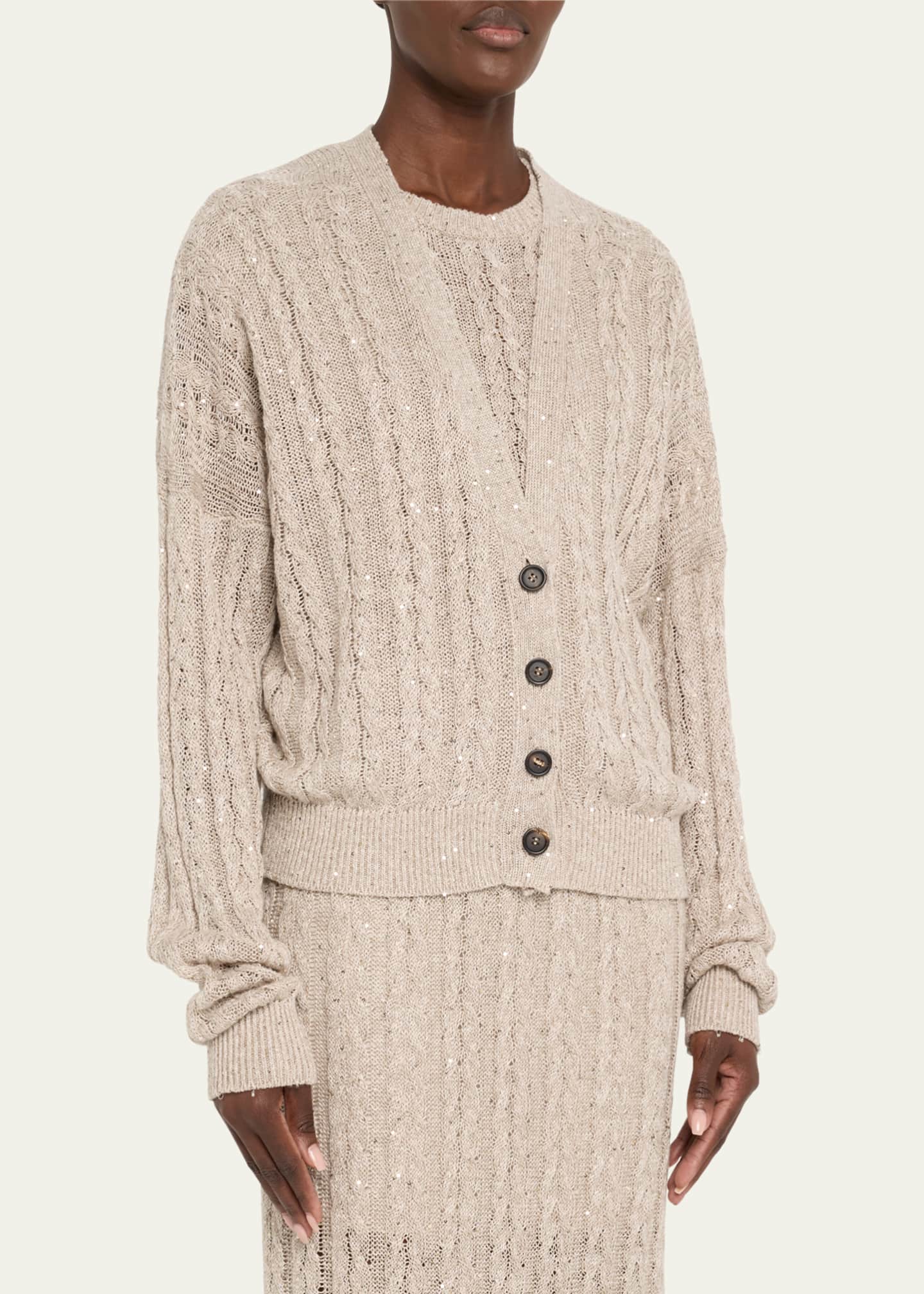 Brunello Cucinelli Linen Paillettes Cable-Knit Cardigan Image 4 of 5