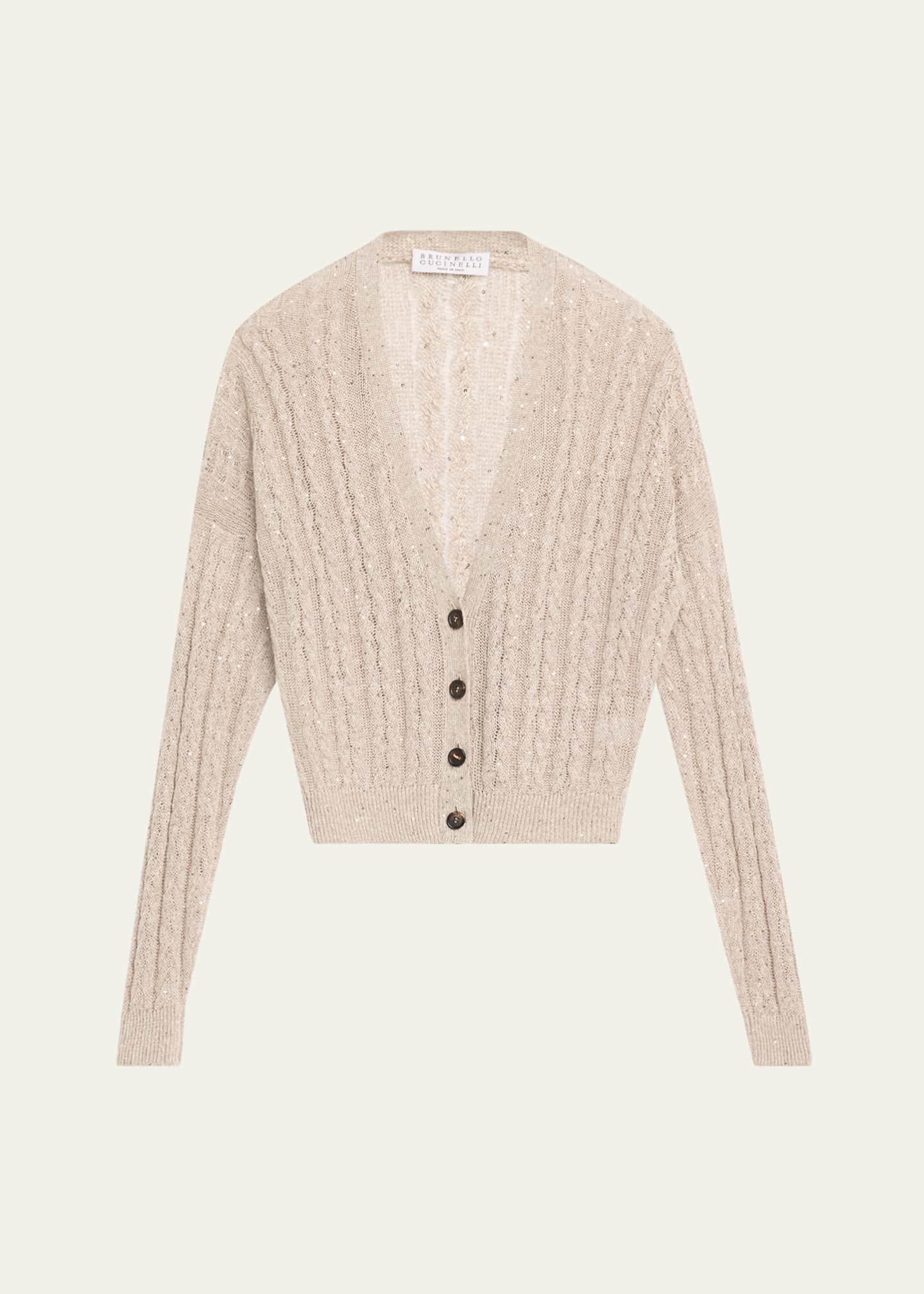 Brunello Cucinelli Linen Paillettes Cable-Knit Cardigan Image 1 of 5