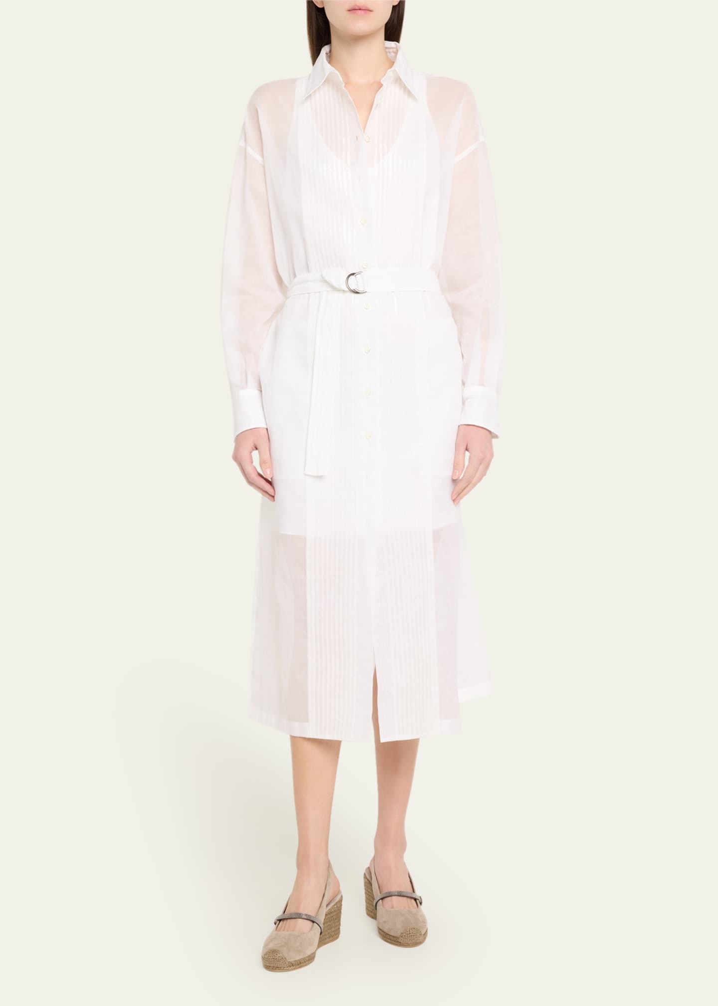 Brunello Cucinelli Tuxedo Bib Long-Sleeve Belted Organza Tunic Shirt Image 2 of 5