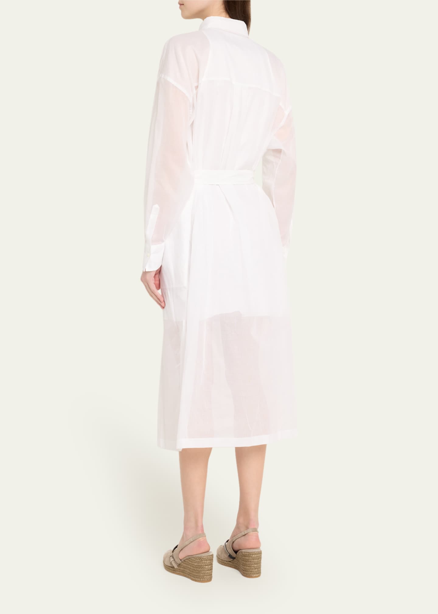 Brunello Cucinelli Tuxedo Bib Long-Sleeve Belted Organza Tunic Shirt Image 3 of 5