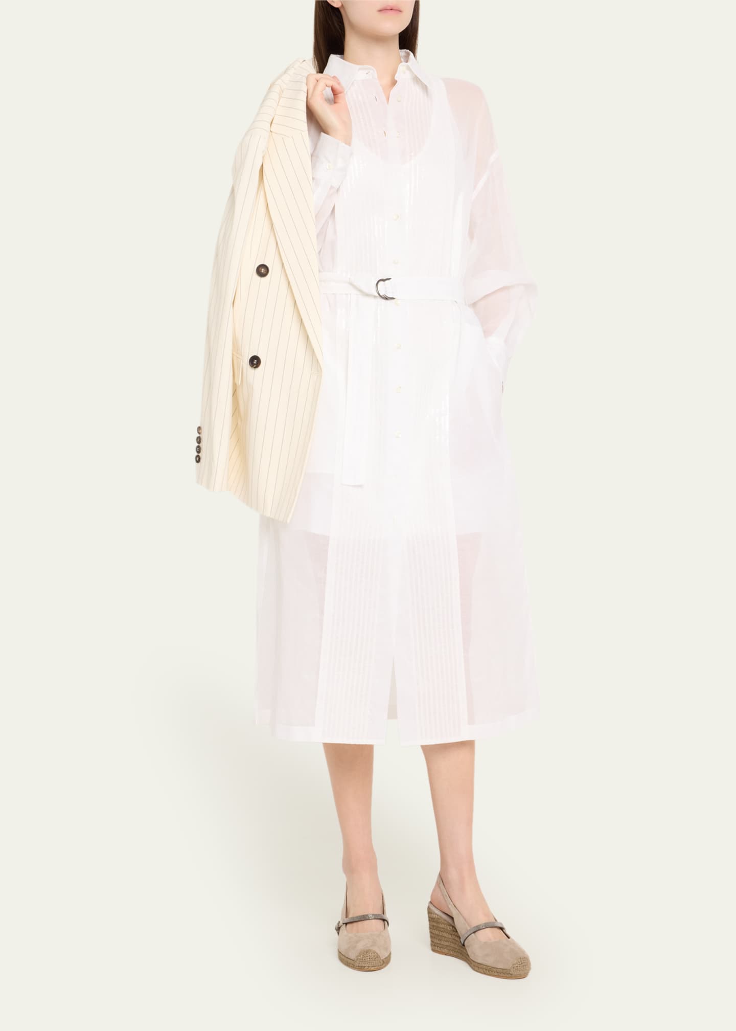 Brunello Cucinelli Tuxedo Bib Long-Sleeve Belted Organza Tunic Shirt Image 4 of 5