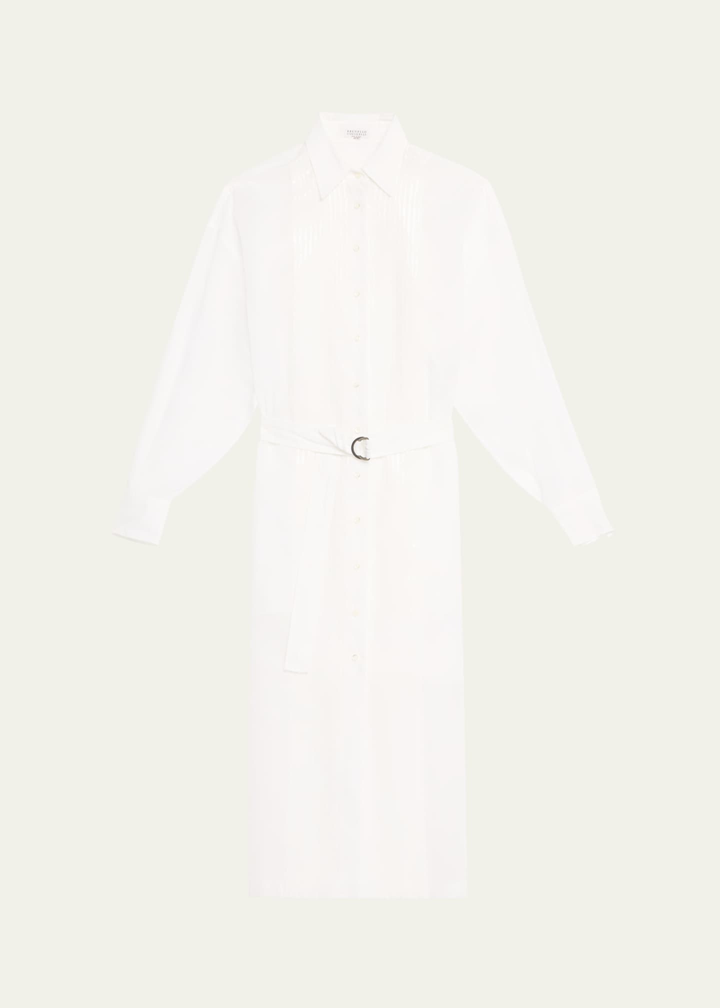 Brunello Cucinelli Tuxedo Bib Long-Sleeve Belted Organza Tunic Shirt Image 1 of 5