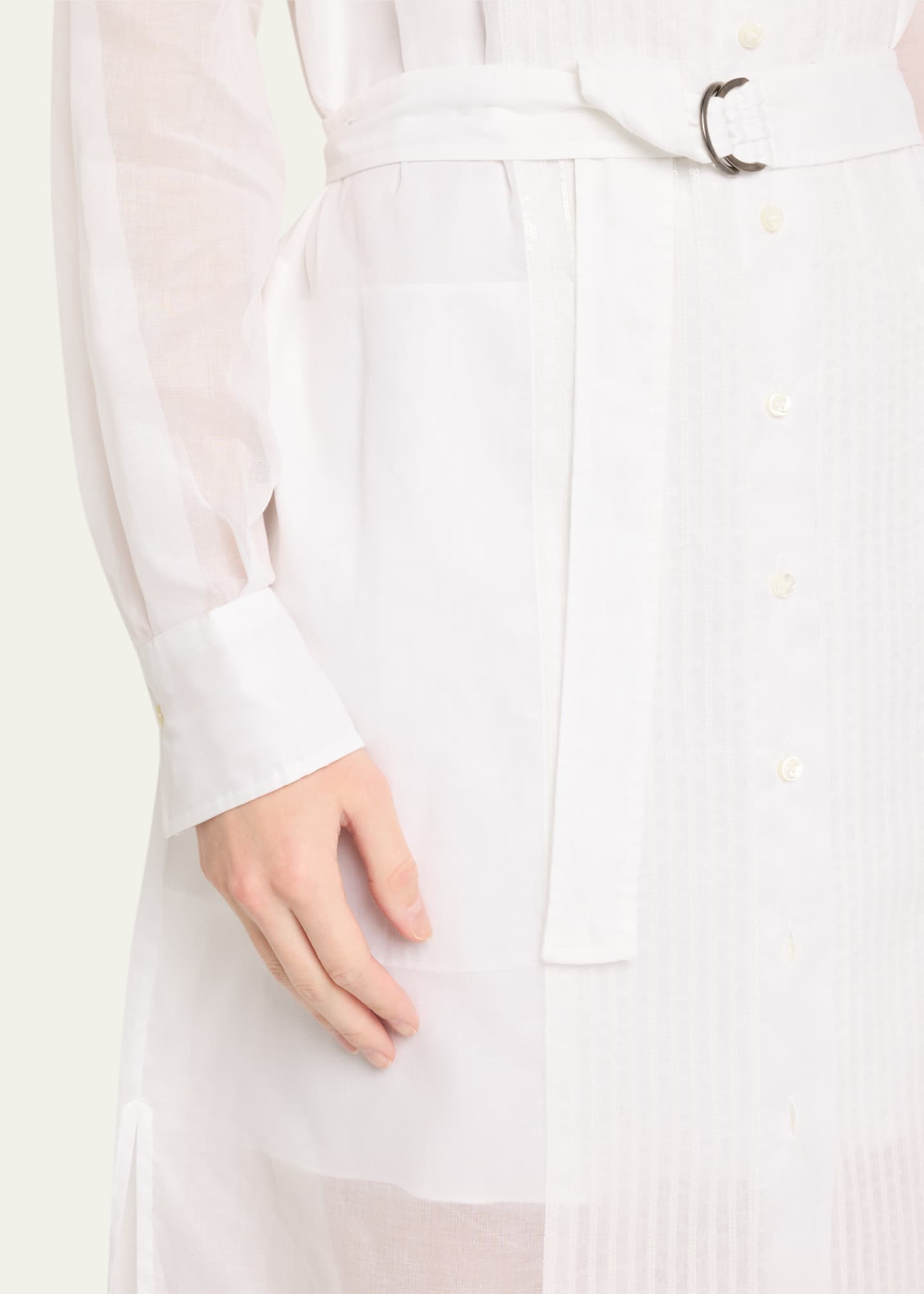 Brunello Cucinelli Tuxedo Bib Long-Sleeve Belted Organza Tunic Shirt Image 5 of 5