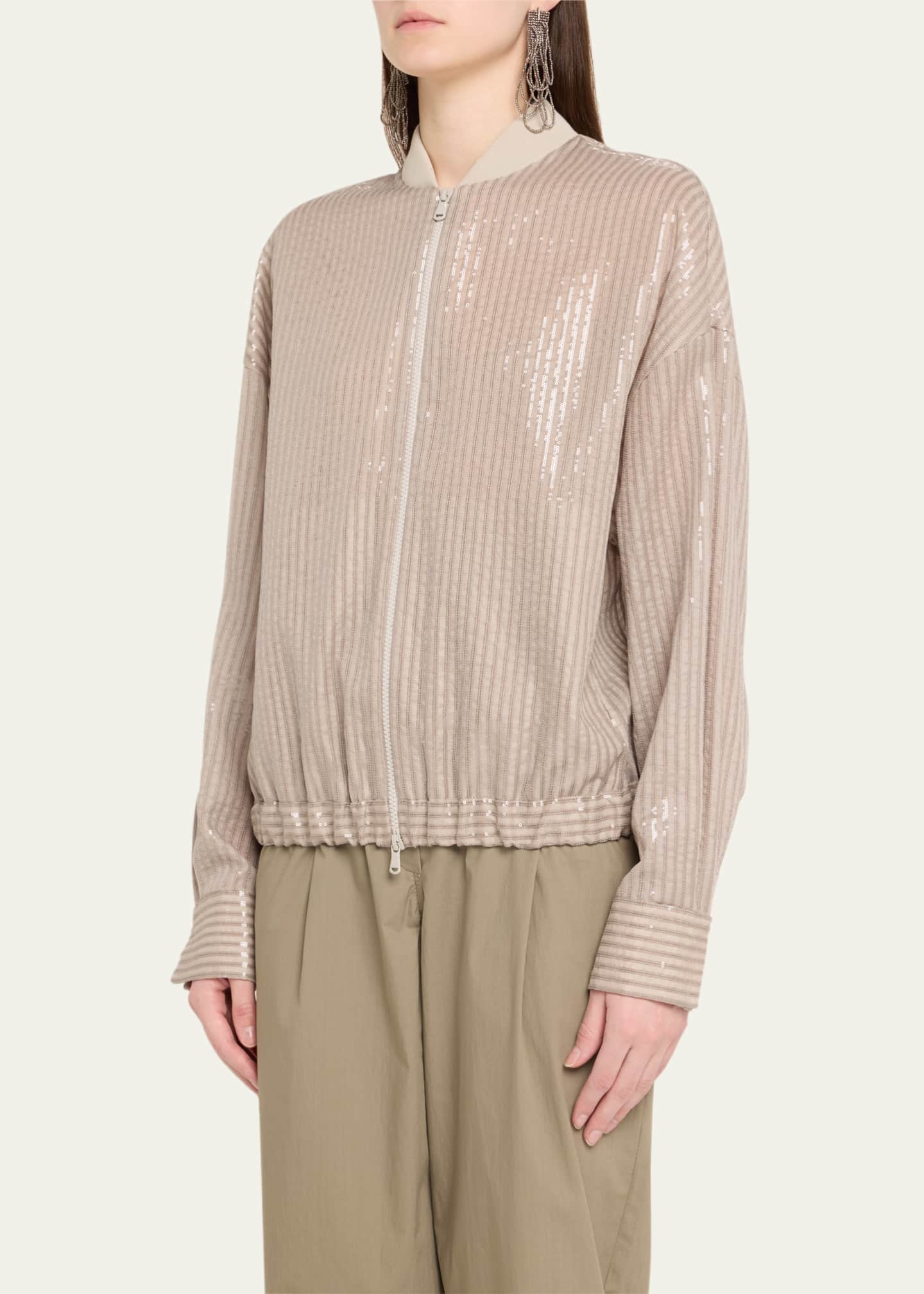 Brunello Cucinelli Stripe Sequined Organza Bomber Jacket Image 4 of 5