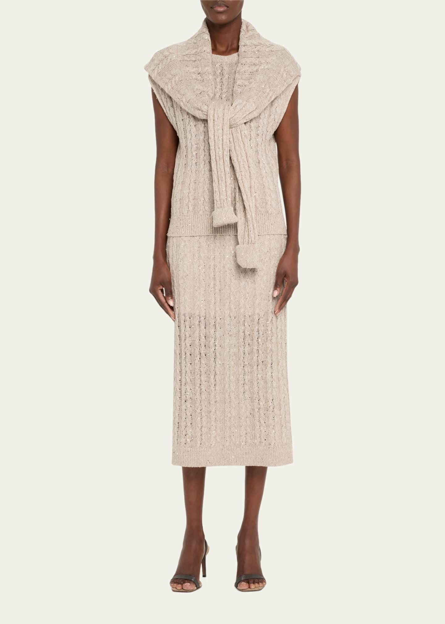 Brunello Cucinelli Linen Paillette Cable-Knit Sleeveless Sweater Image 2 of 5