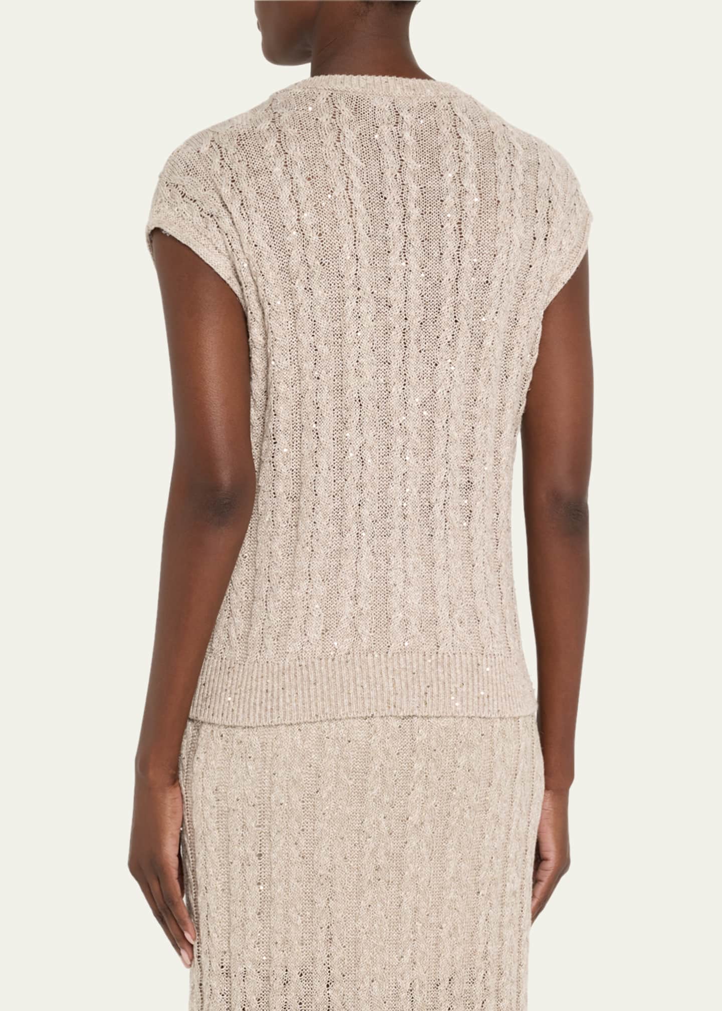 Brunello Cucinelli Linen Paillette Cable-Knit Sleeveless Sweater Image 3 of 5