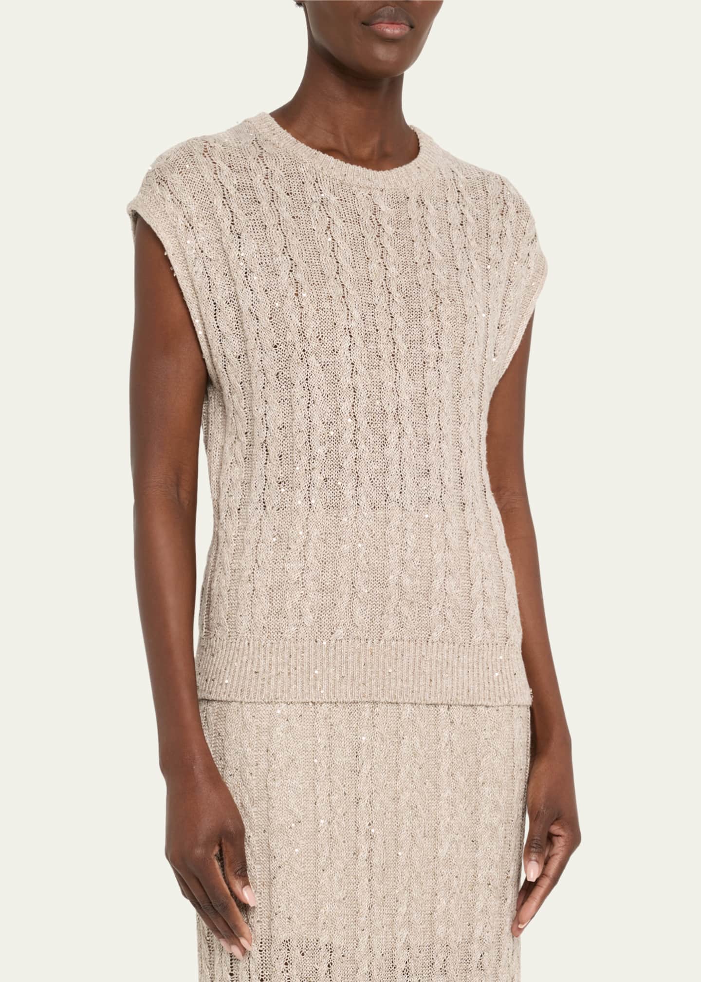 Brunello Cucinelli Linen Paillette Cable-Knit Sleeveless Sweater Image 4 of 5