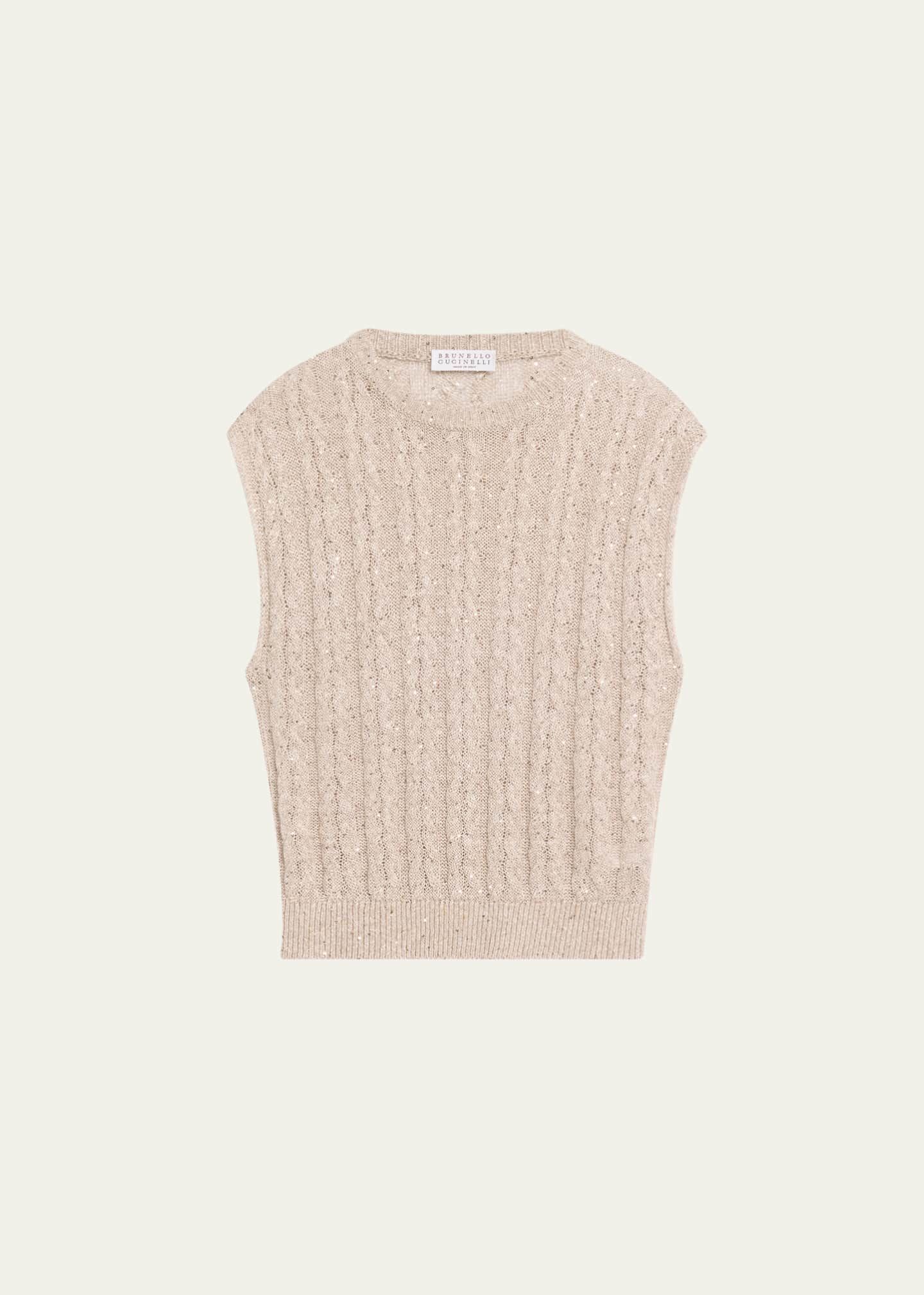 Brunello Cucinelli Linen Paillette Cable-Knit Sleeveless Sweater Image 1 of 5
