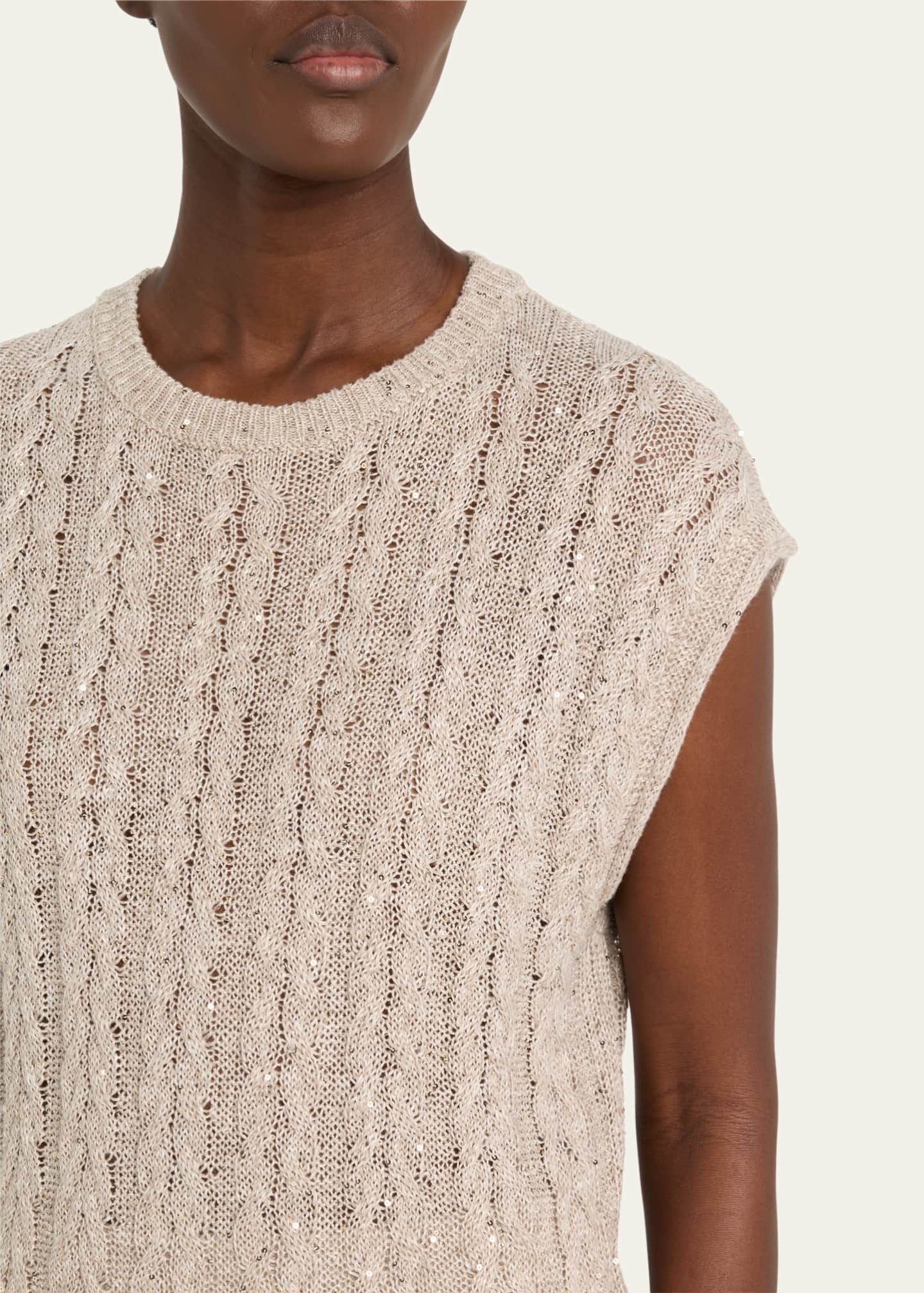 Brunello Cucinelli Linen Paillette Cable-Knit Sleeveless Sweater Image 5 of 5