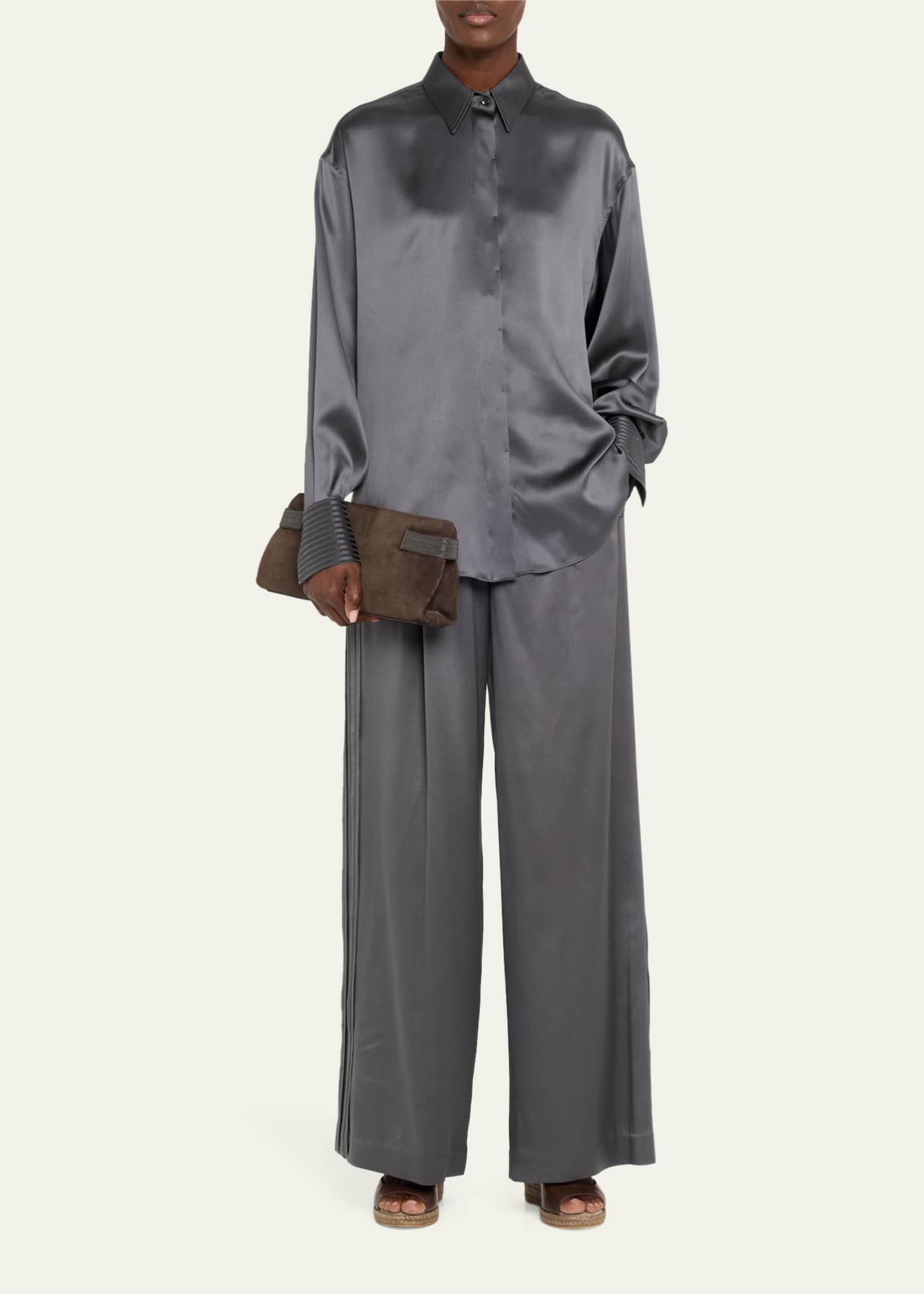 Brunello Cucinelli Sequined Satin Wide Leg Pants Image 2 of 5