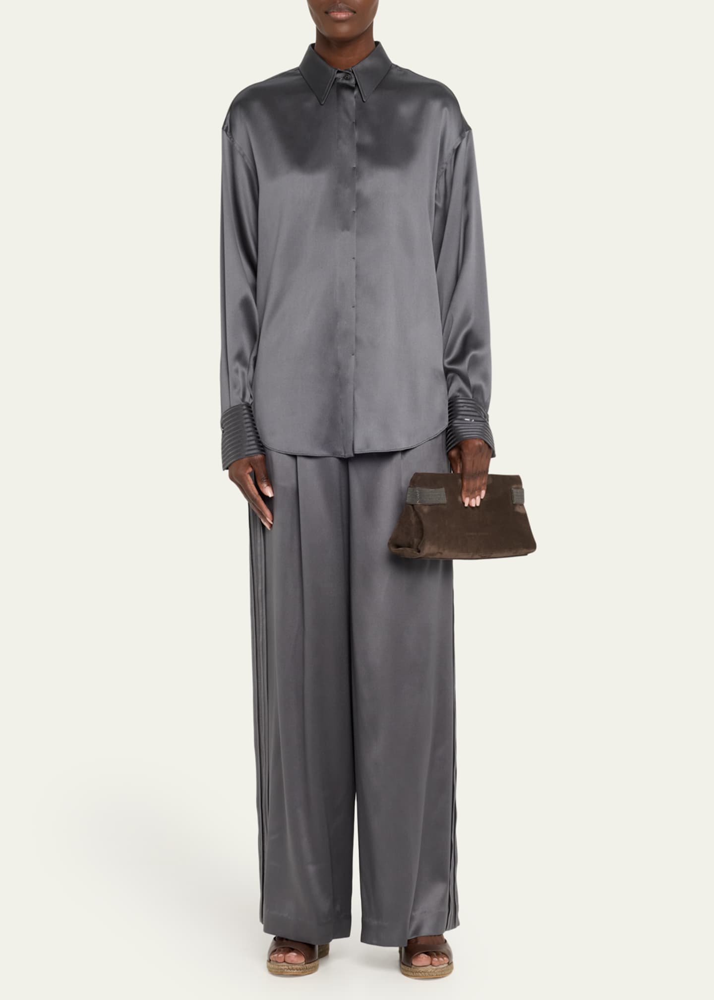 Brunello Cucinelli Sequined Cuff Satin Blouse Image 2 of 5