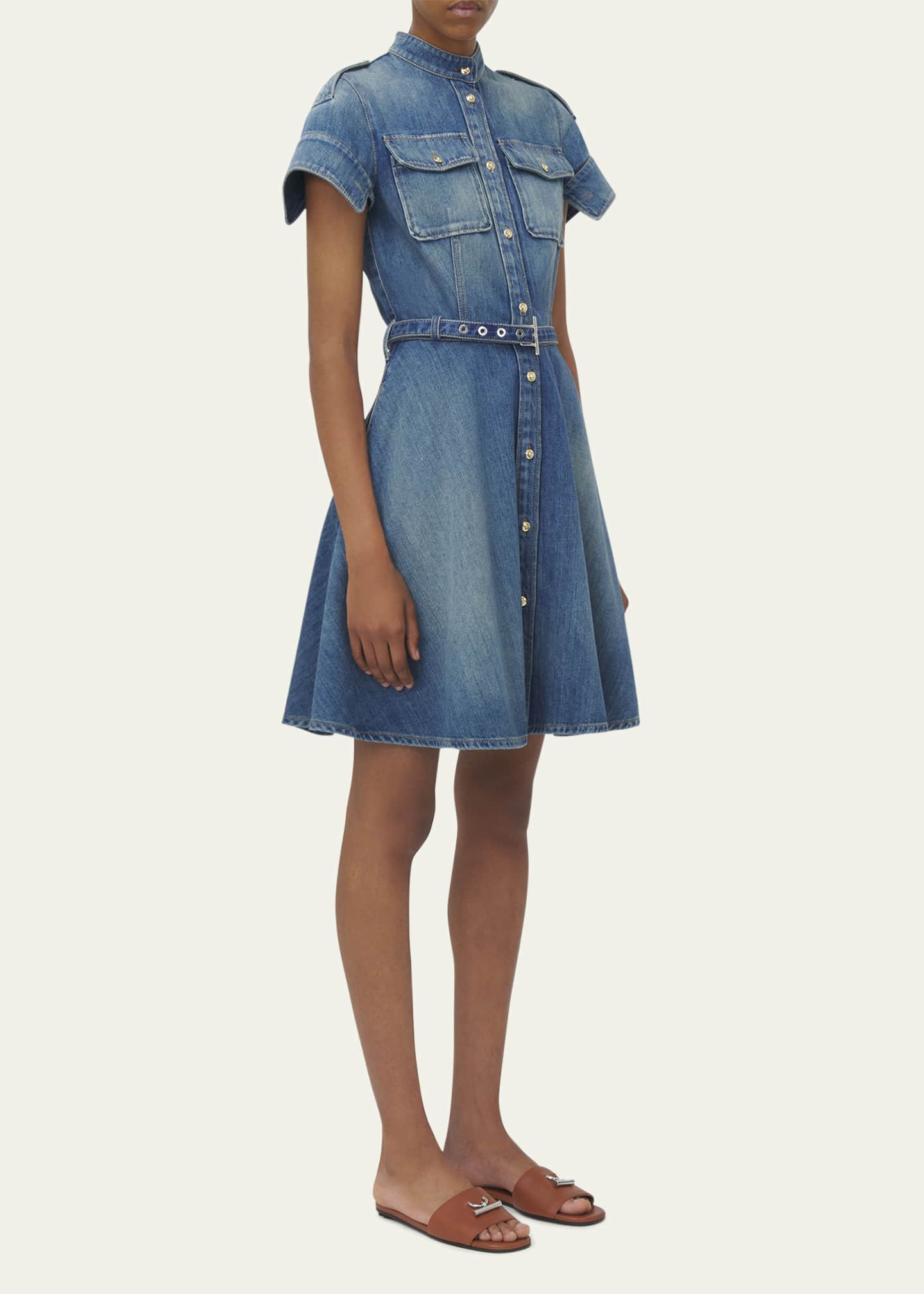 McQueen Short-Sleeve Belted Denim Mini Shirtdress Image 4 of 5