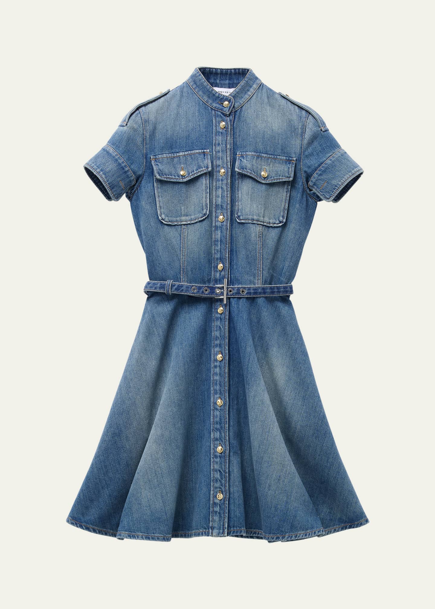 McQueen Short-Sleeve Belted Denim Mini Shirtdress Image 1 of 5