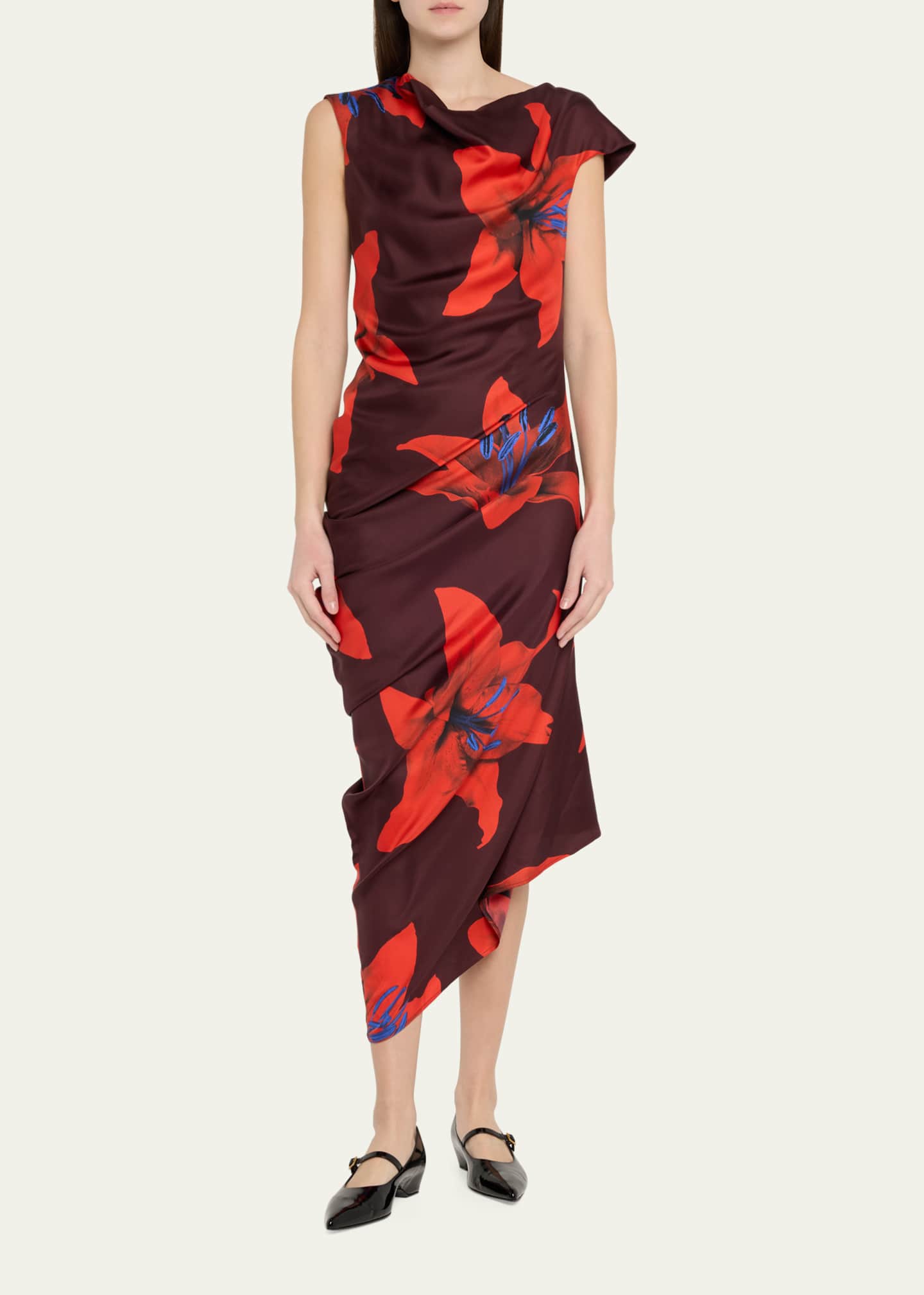 McQueen Lily-Print Draped Short-Sleeve Midi Dress Image 2 of 5