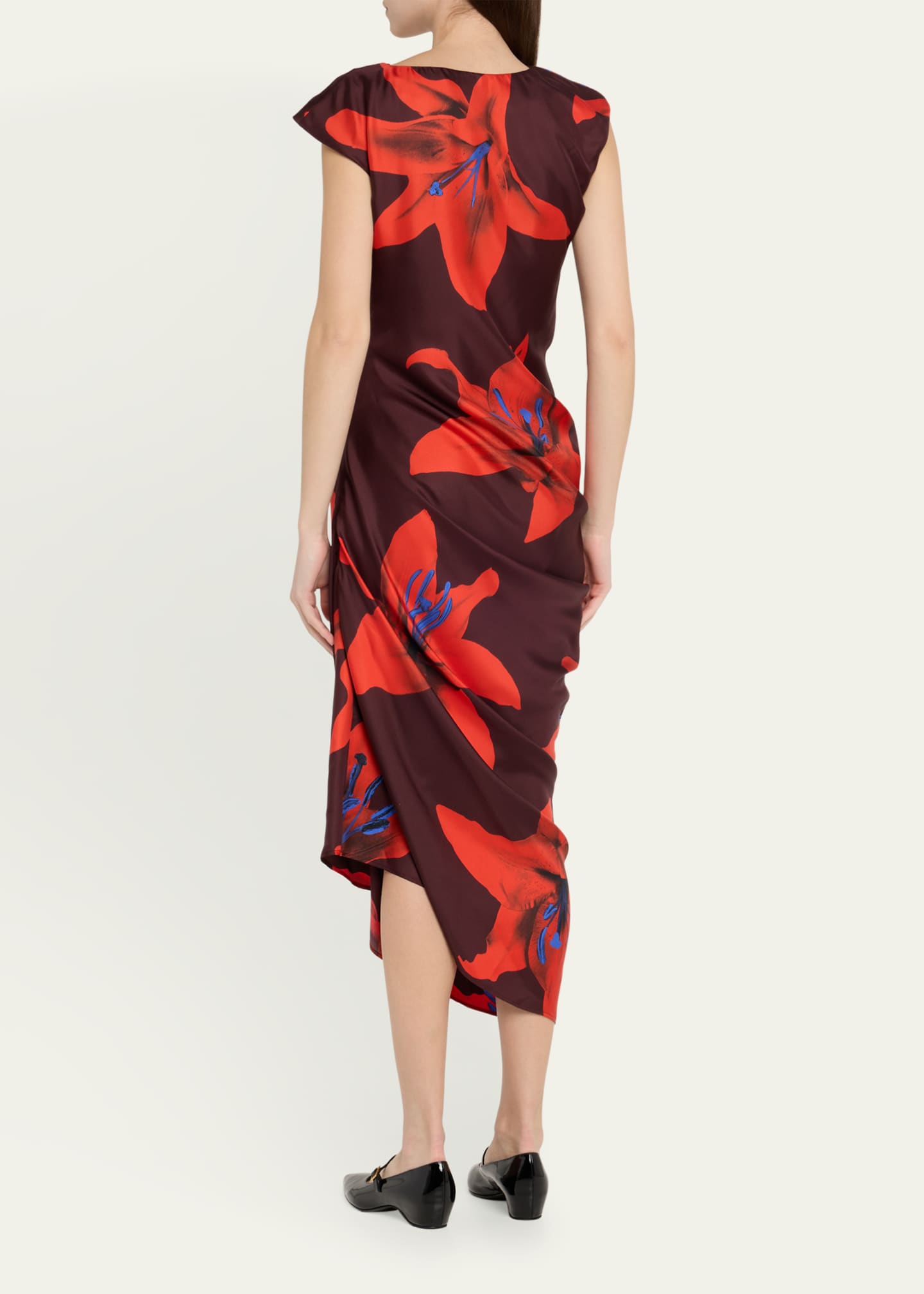 McQueen Lily-Print Draped Short-Sleeve Midi Dress Image 3 of 5