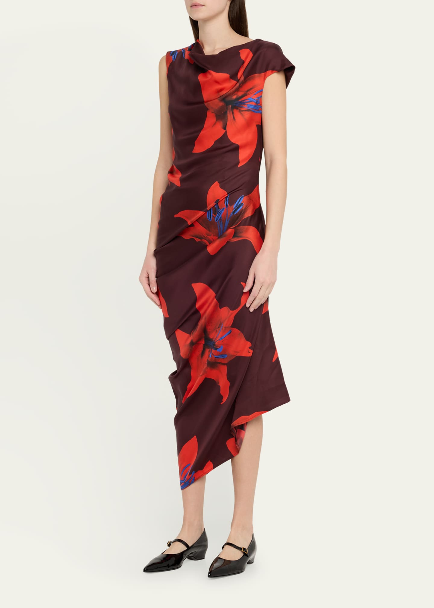 McQueen Lily-Print Draped Short-Sleeve Midi Dress Image 4 of 5