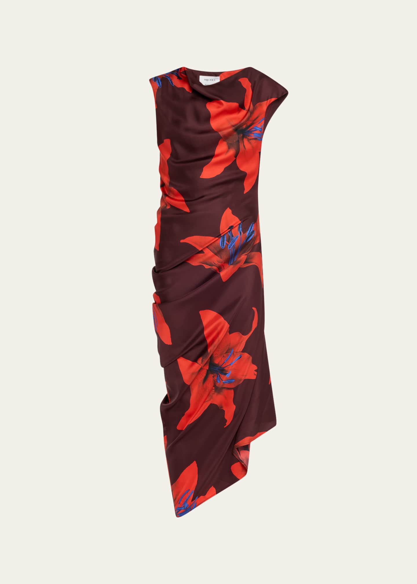 McQueen Lily-Print Draped Short-Sleeve Midi Dress Image 1 of 5