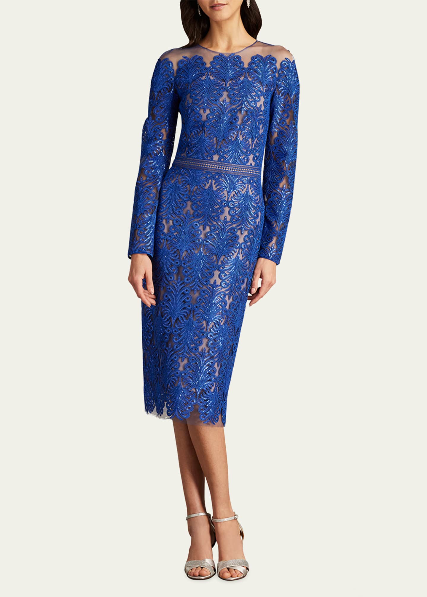 Tadashi Shoji Sequin Illusion Lace Midi Sheath Dress Image 2 of 5
