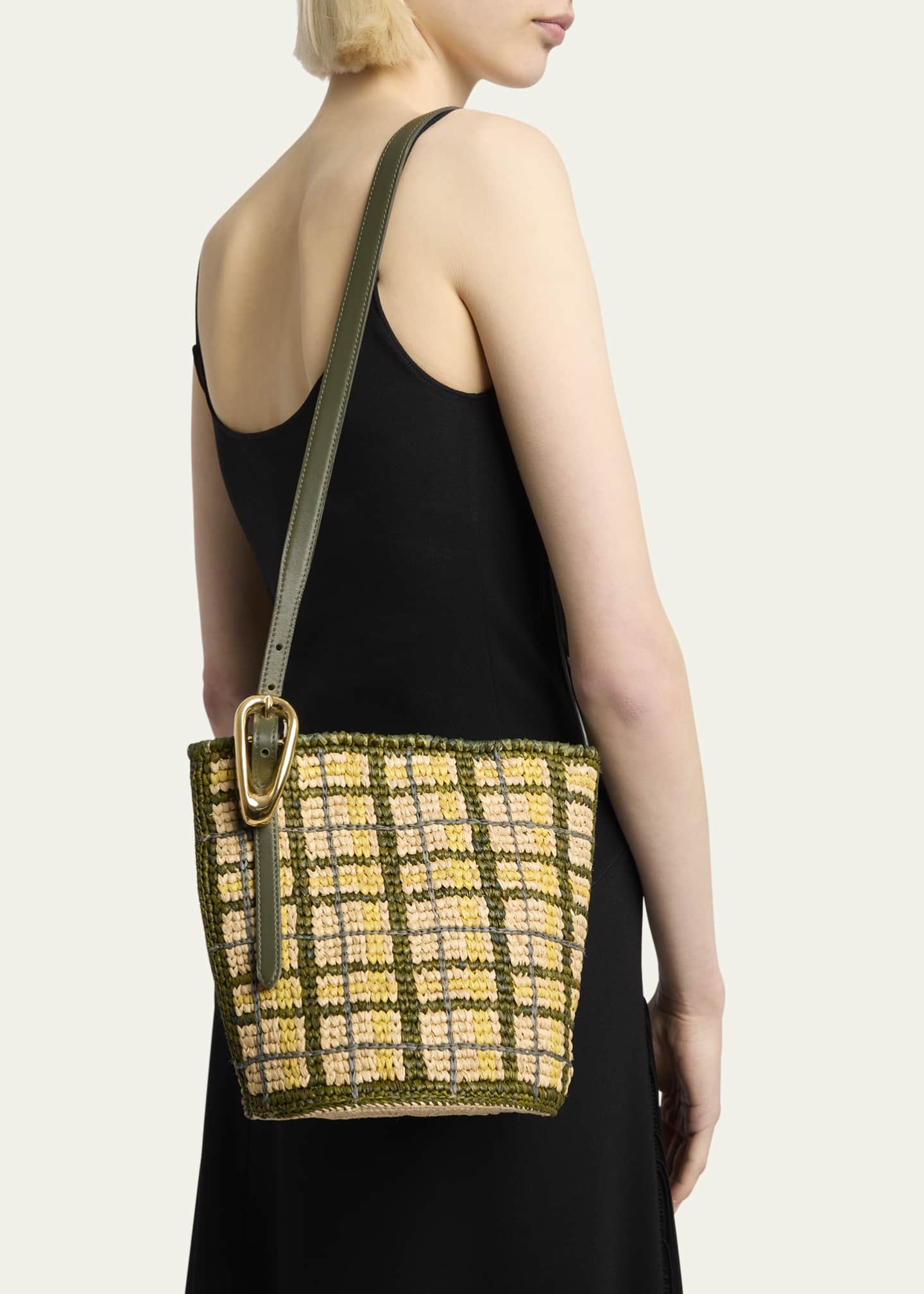 Rabanne Small Plaid Raffia Bucket Bag Image 2 of 5