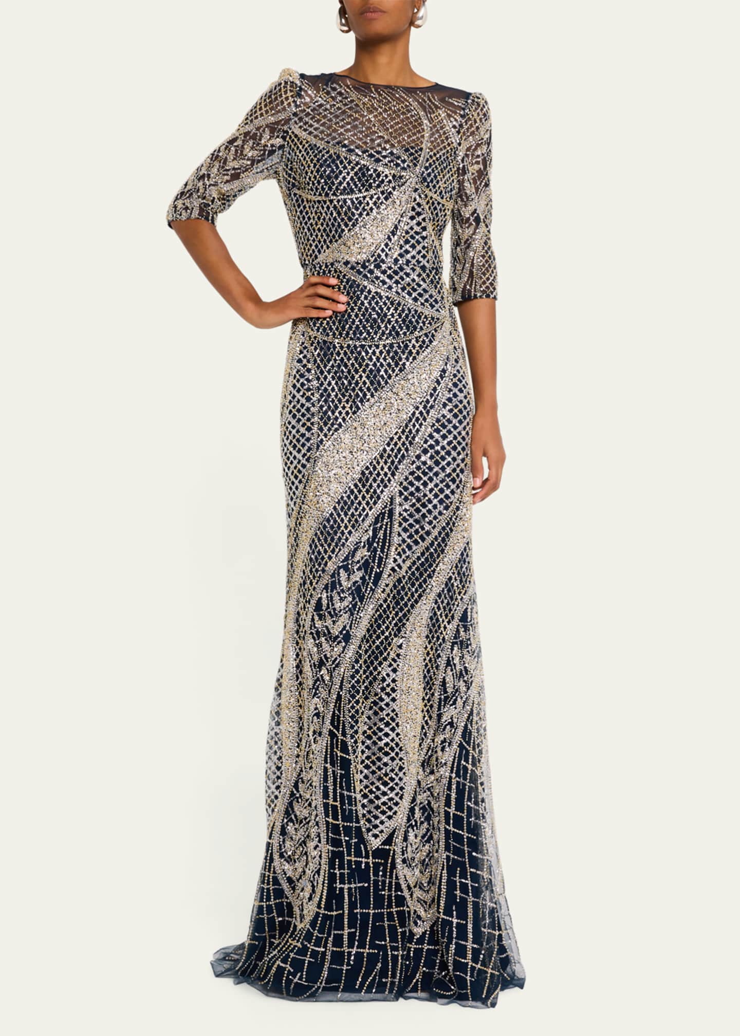 Rickie Freeman for Teri Jon Art Deco Bead & Sequin Tulle Gown Image 2 of 5