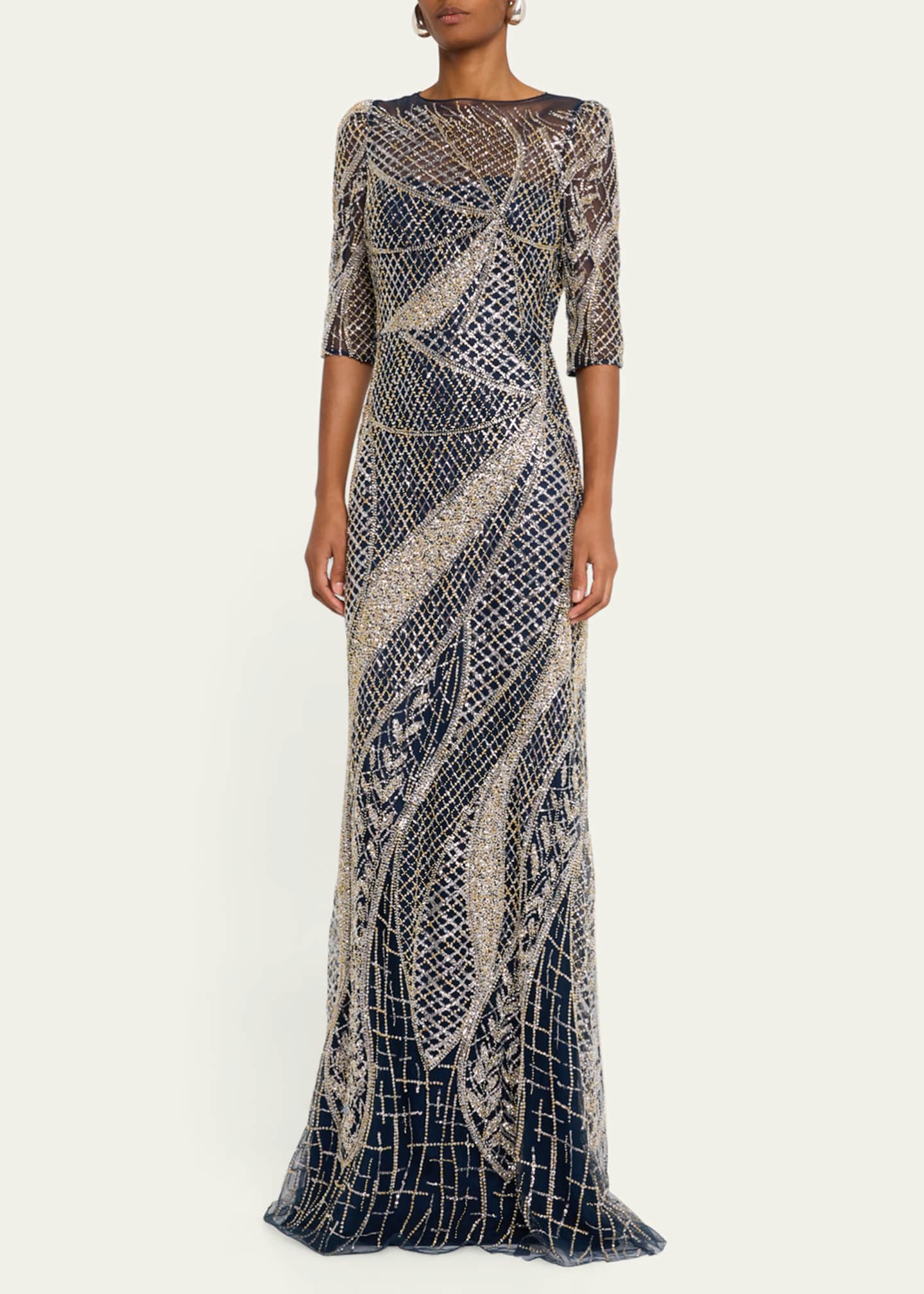 Rickie Freeman for Teri Jon Art Deco Bead & Sequin Tulle Gown Image 4 of 5