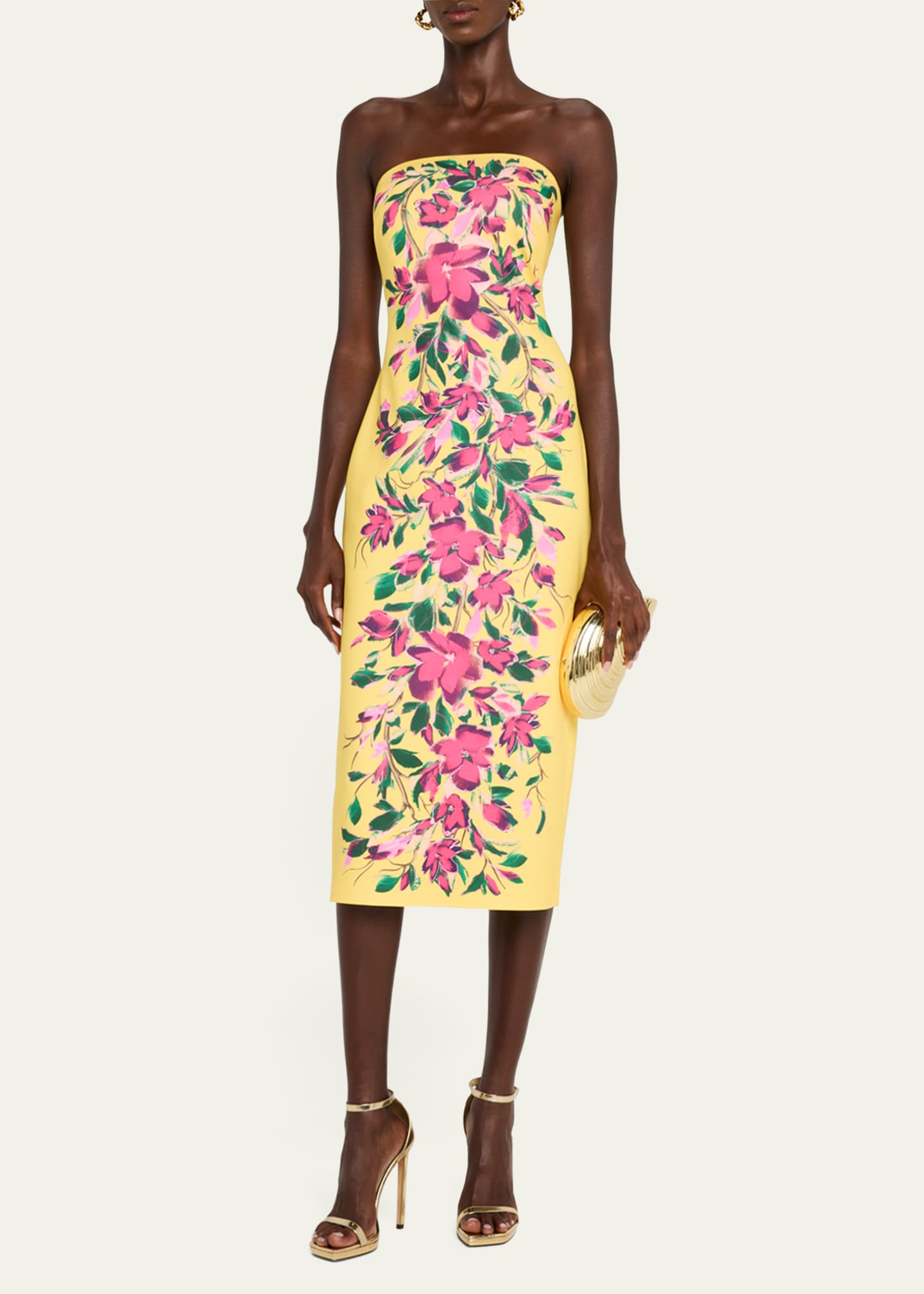 Badgley Mischka Collection Strapless Floral-Print Bodycon Midi Dress Image 2 of 5