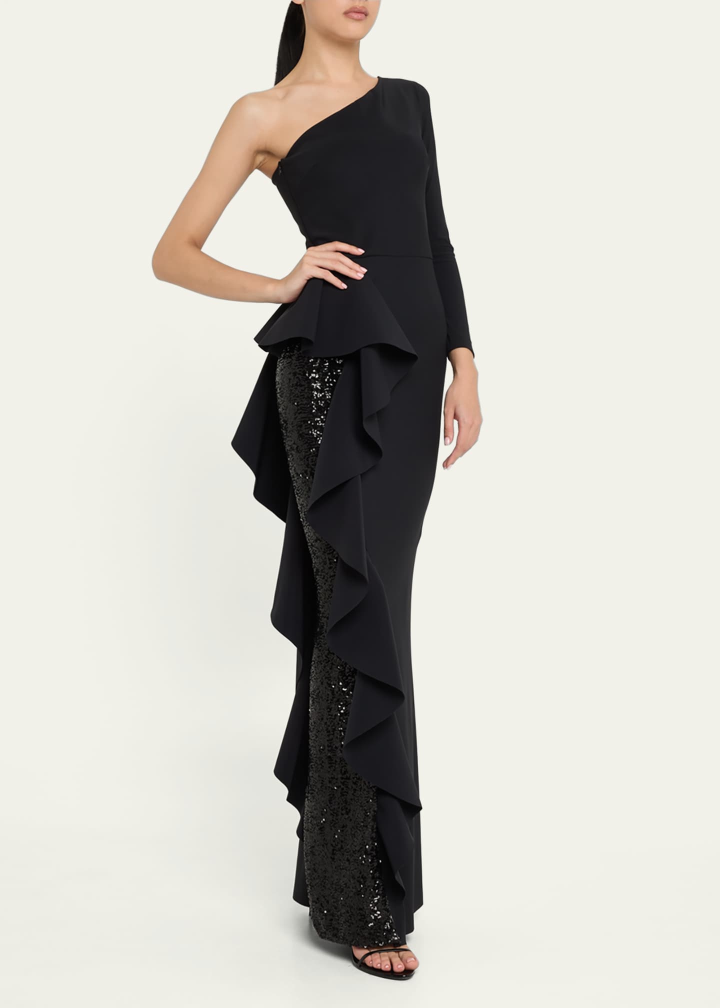 Chiara Boni La Petite Robe One-Shoulder Sequin Skirt Ruffle Gown Image 4 of 5